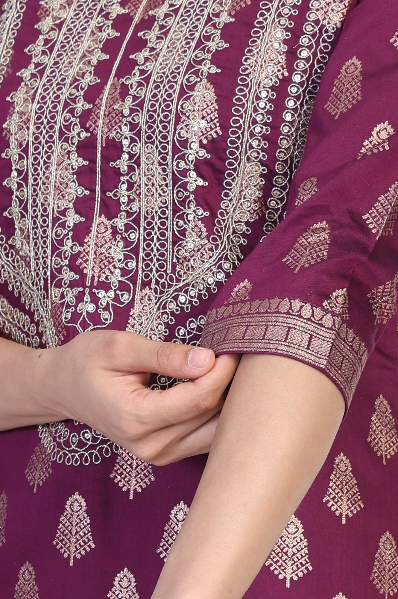 Purple Ethnic Motifs Dori Embroidery Straight Kurta with Palazzo and Dupatta Set - Image 8