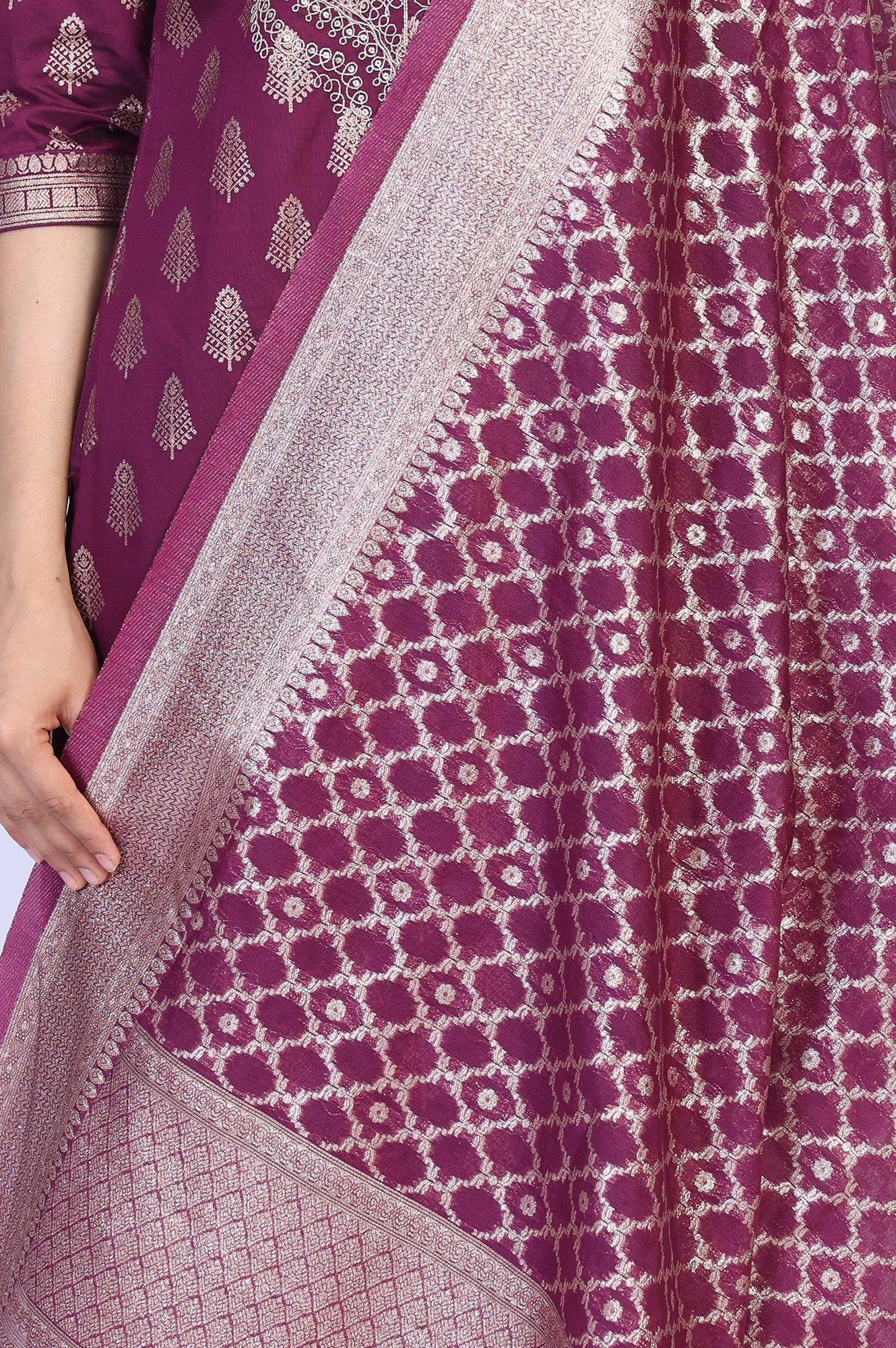 Purple Ethnic Motifs Dori Embroidery Straight Kurta with Palazzo and Dupatta Set - Image 9