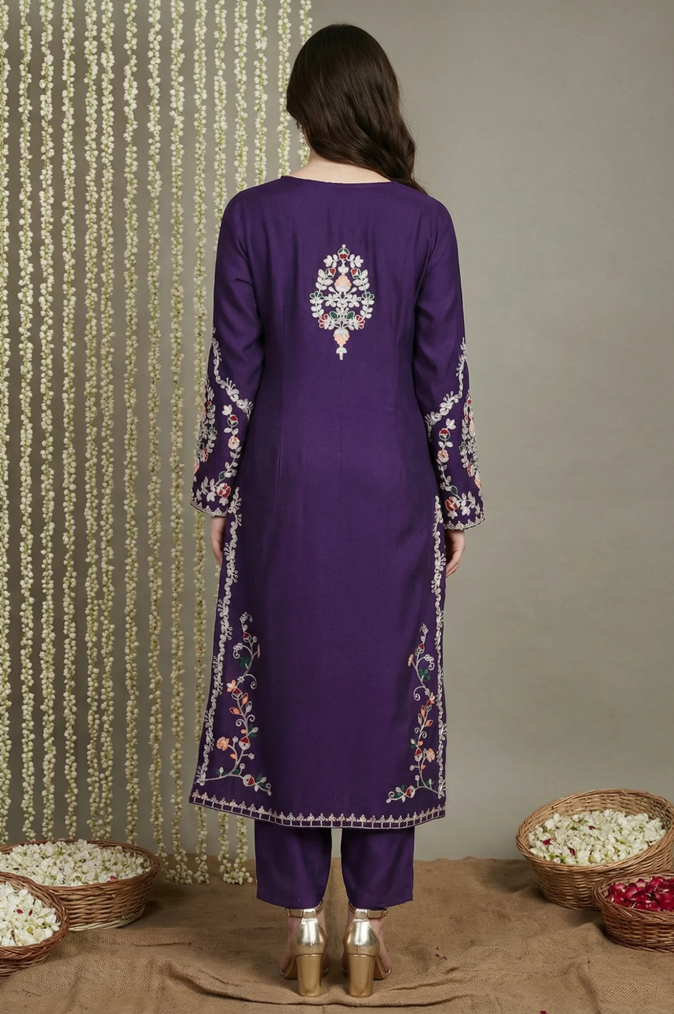 Purple Floral Acrylic Blend Straight Kurta with Trouser Co-ord Set for Winter - Image 4