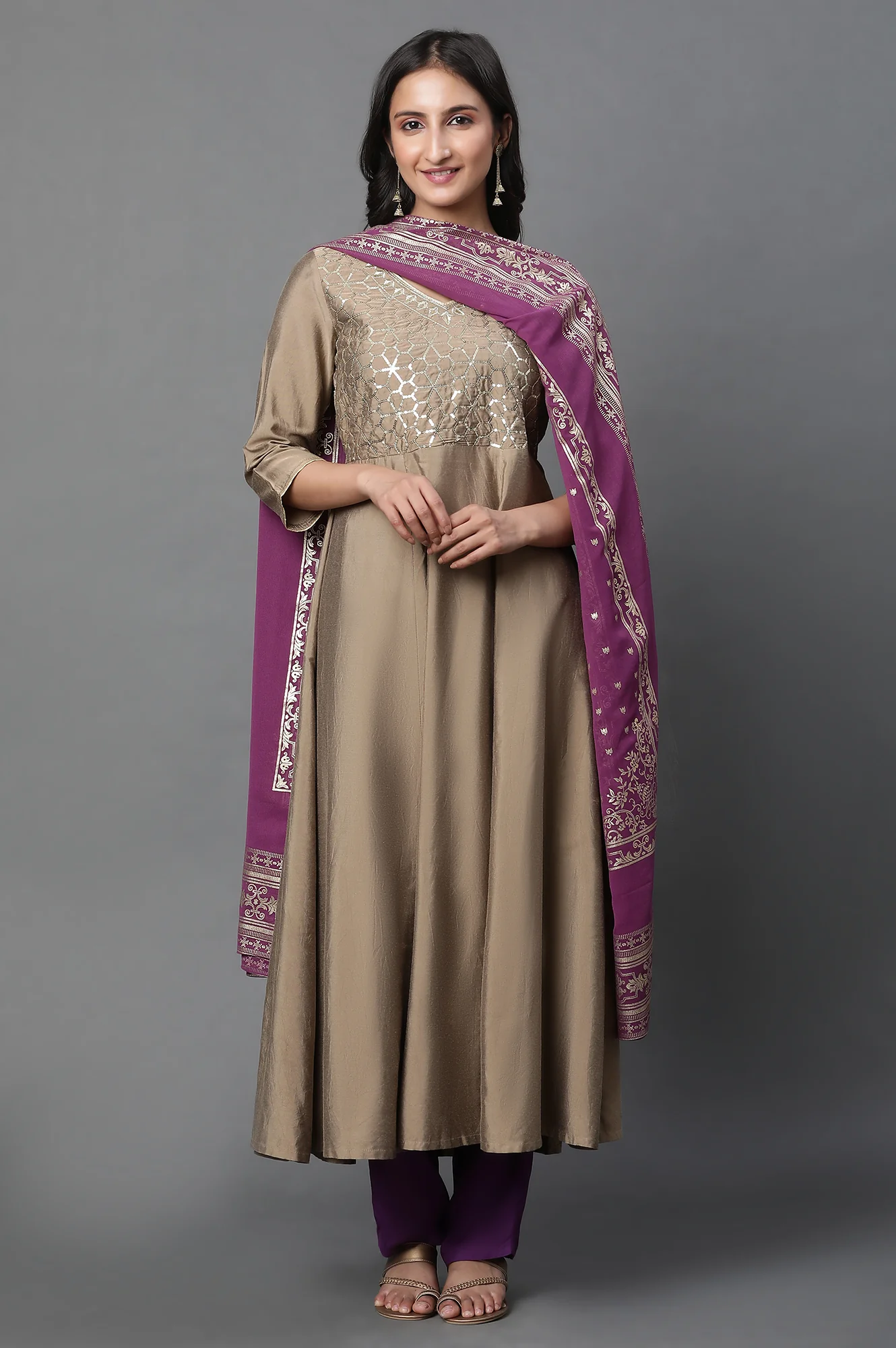 Purple Floral Gold Printed Rectangular Woven Dupatta - Image 2