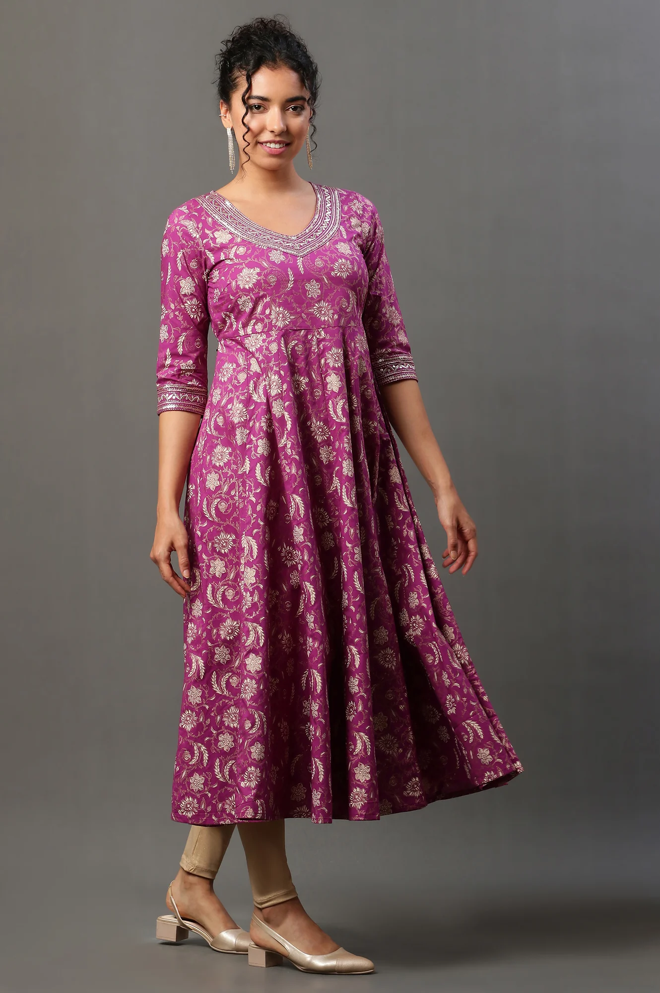 Purple Floral Printed Embroidered A-Line Kurta - Image 6