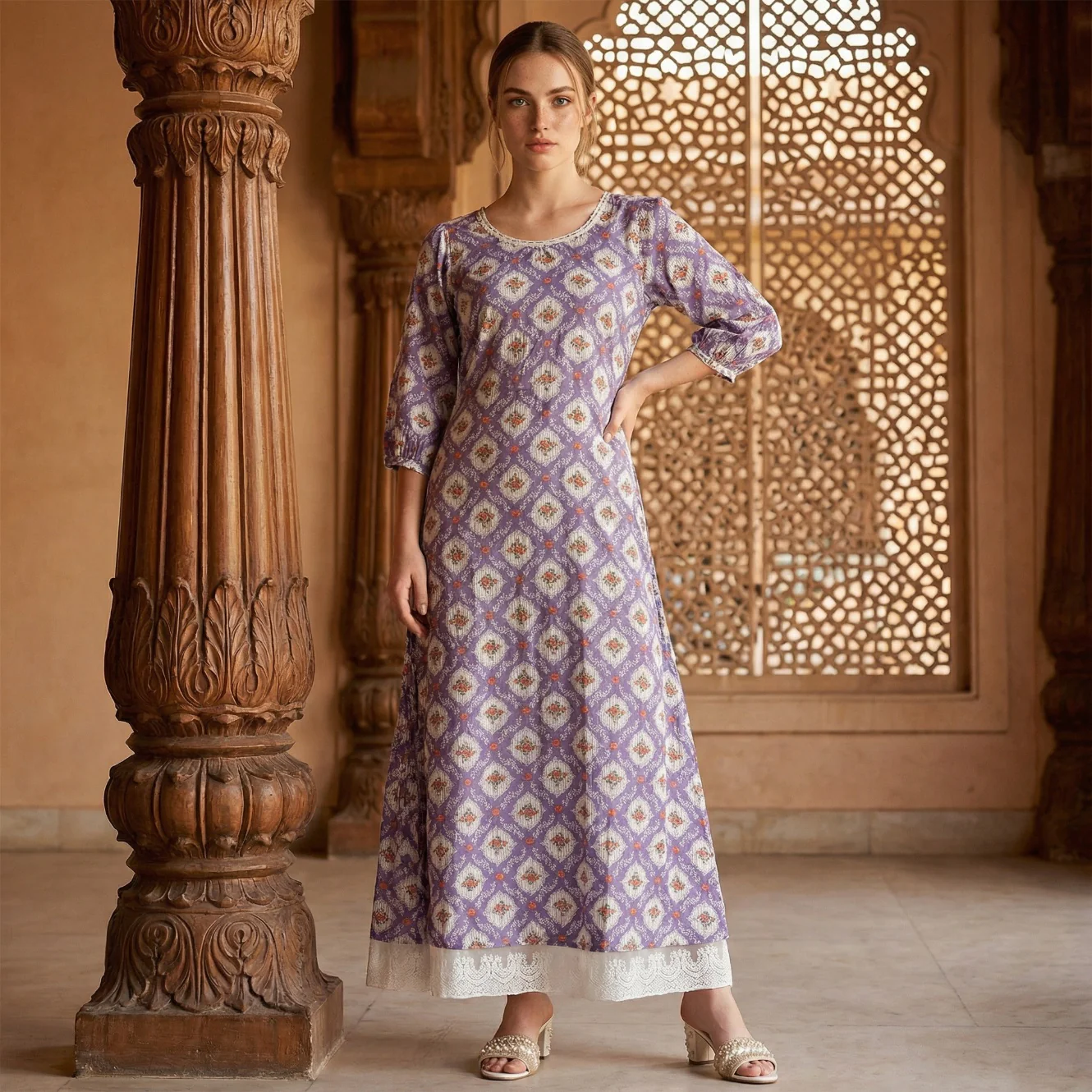 Purple Floral Printed Flared Dress - Image 2