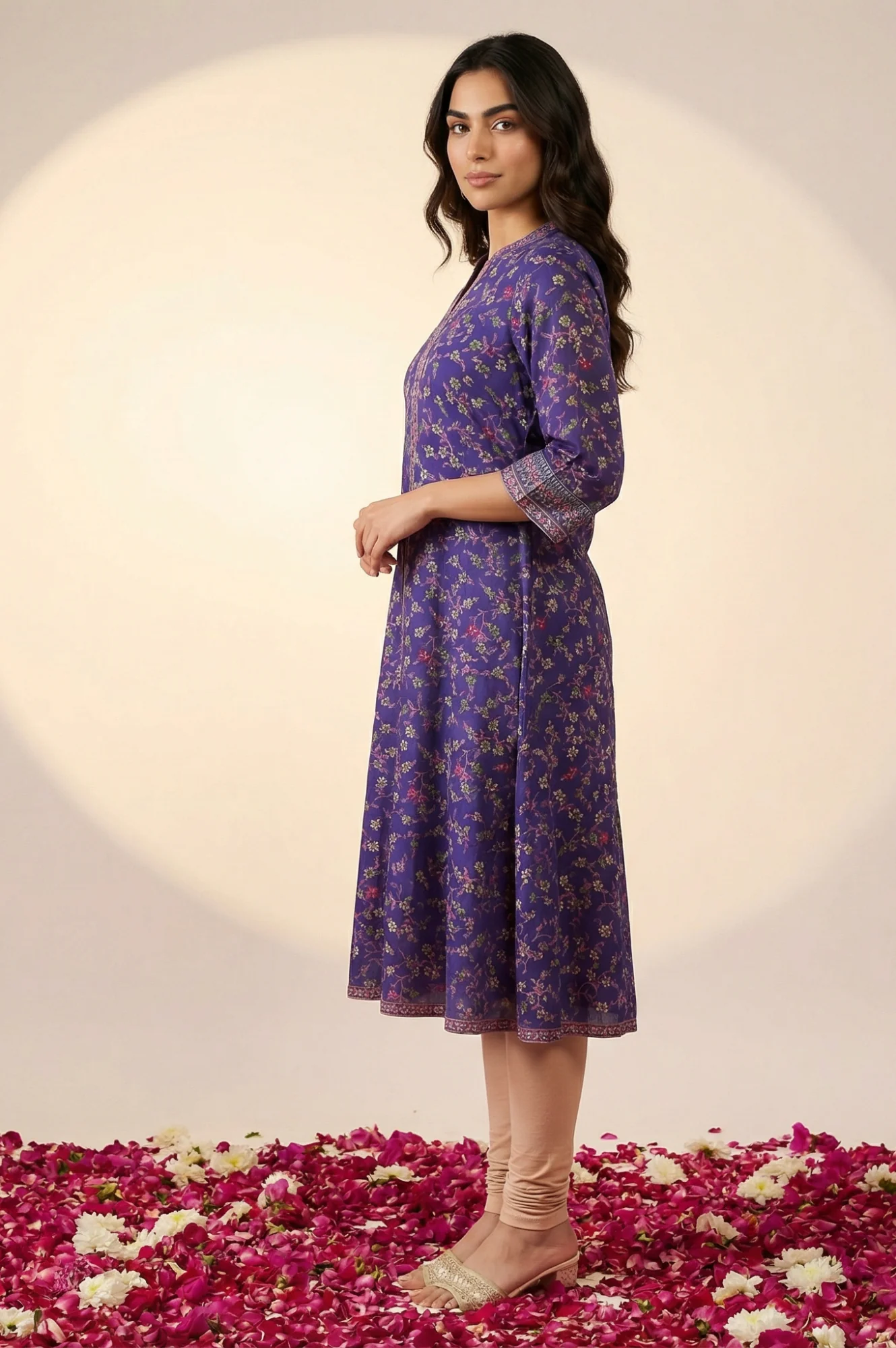 Purple Floral Printed Foil Print A-line Kurta - Image 3