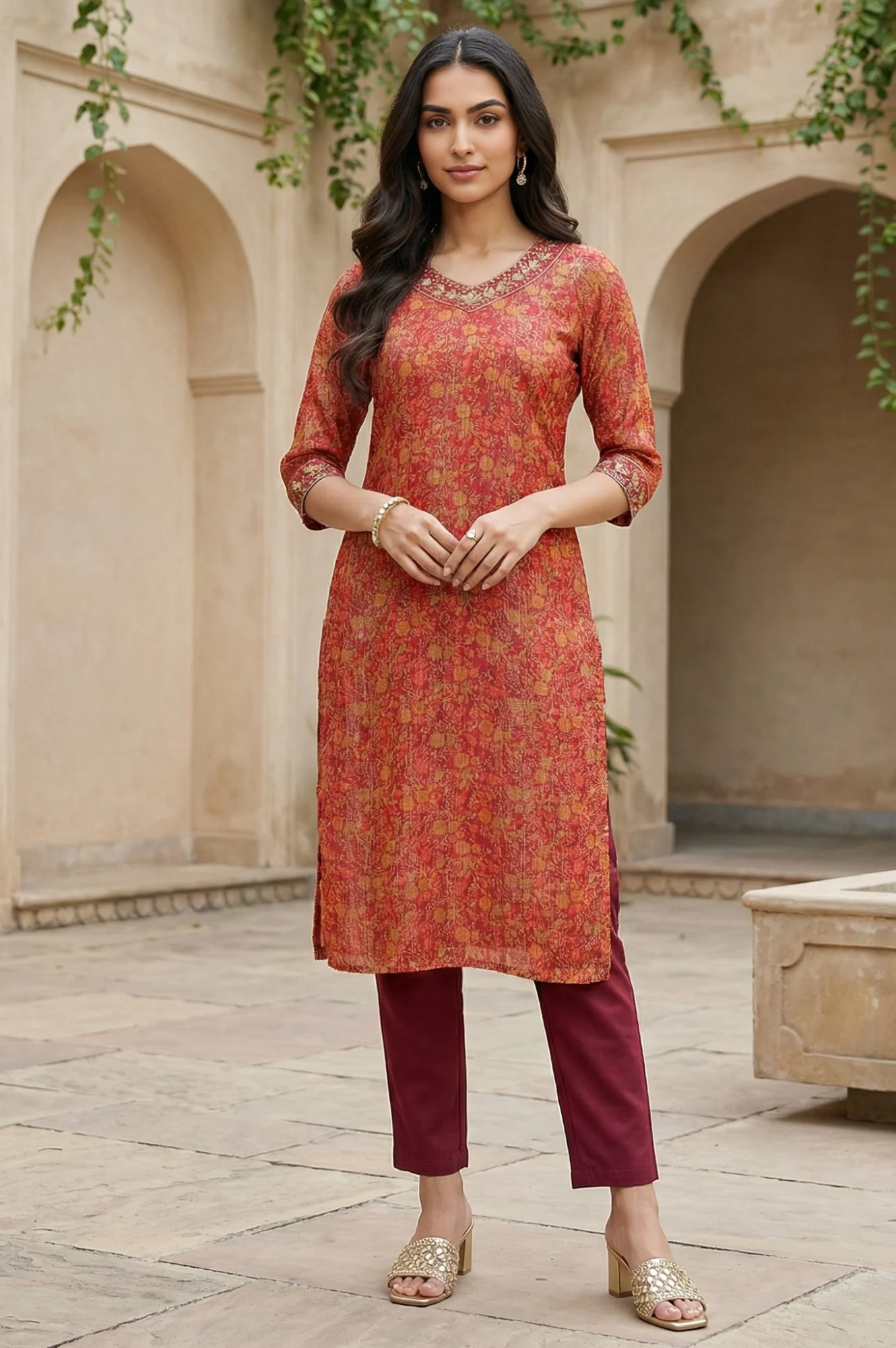 Purple Floral Printed Georgette Lurex Straight Kurta - Image 3