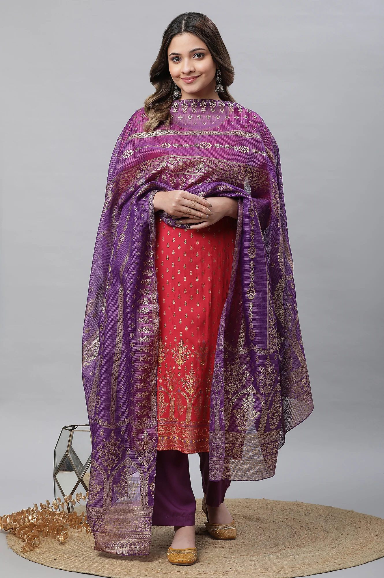 Purple Floral Printed Pure Cotton Dupatta - Image 2