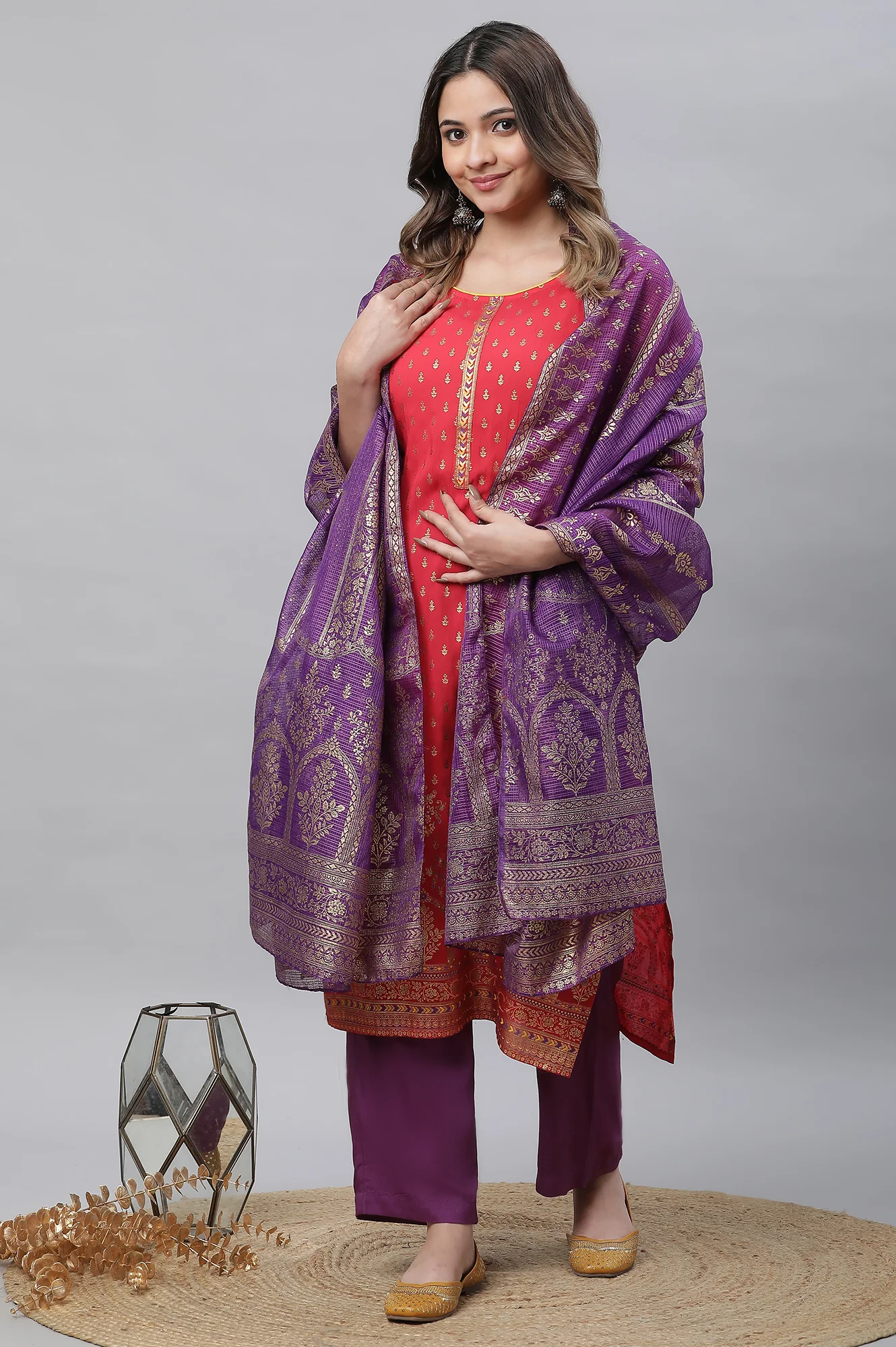 Purple Floral Printed Pure Cotton Dupatta - Image 4