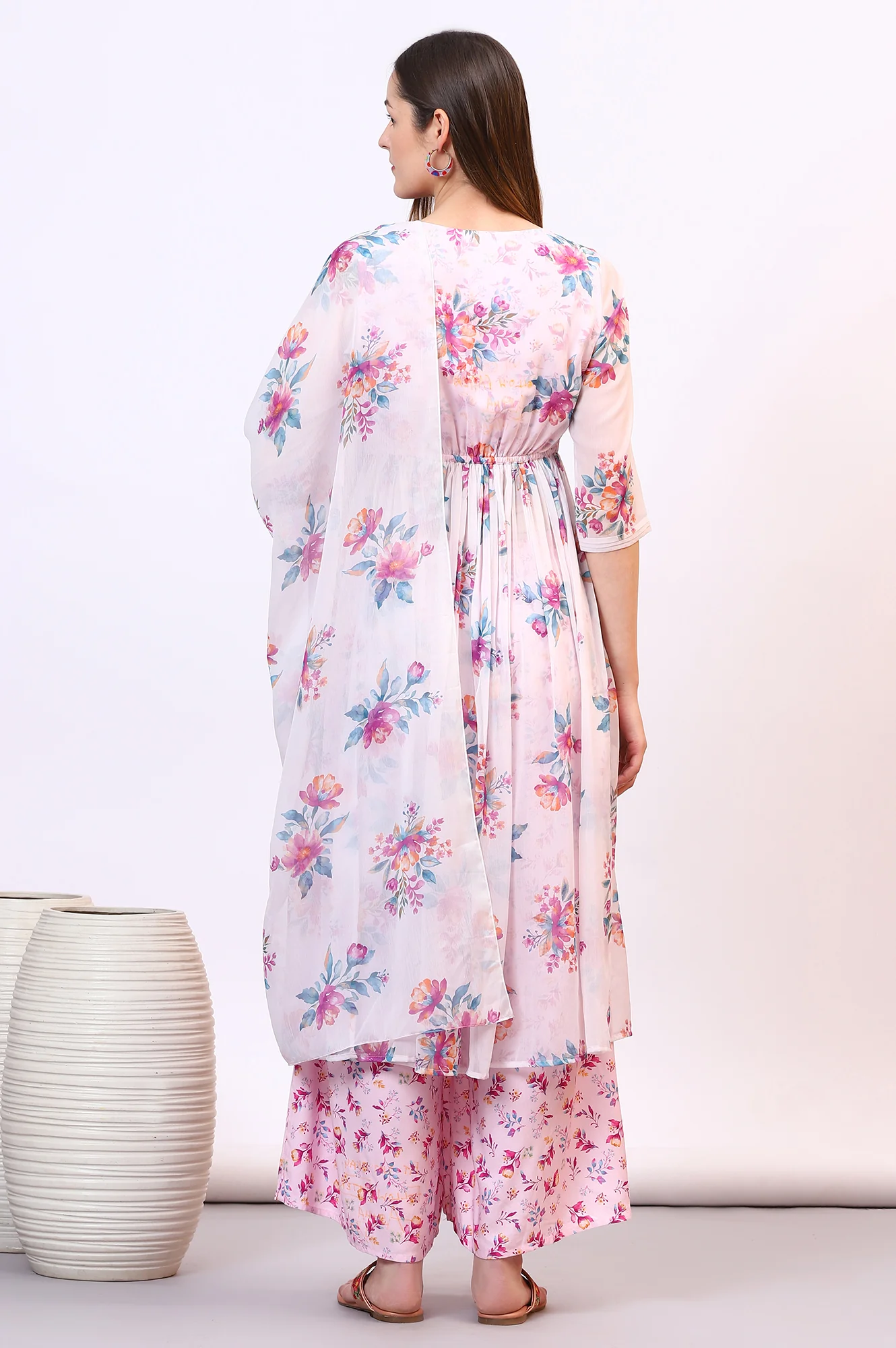 Purple Floral Printed Sheer Nyra Cut Kurta, Flared Palazzo and Stole Set - Image 6
