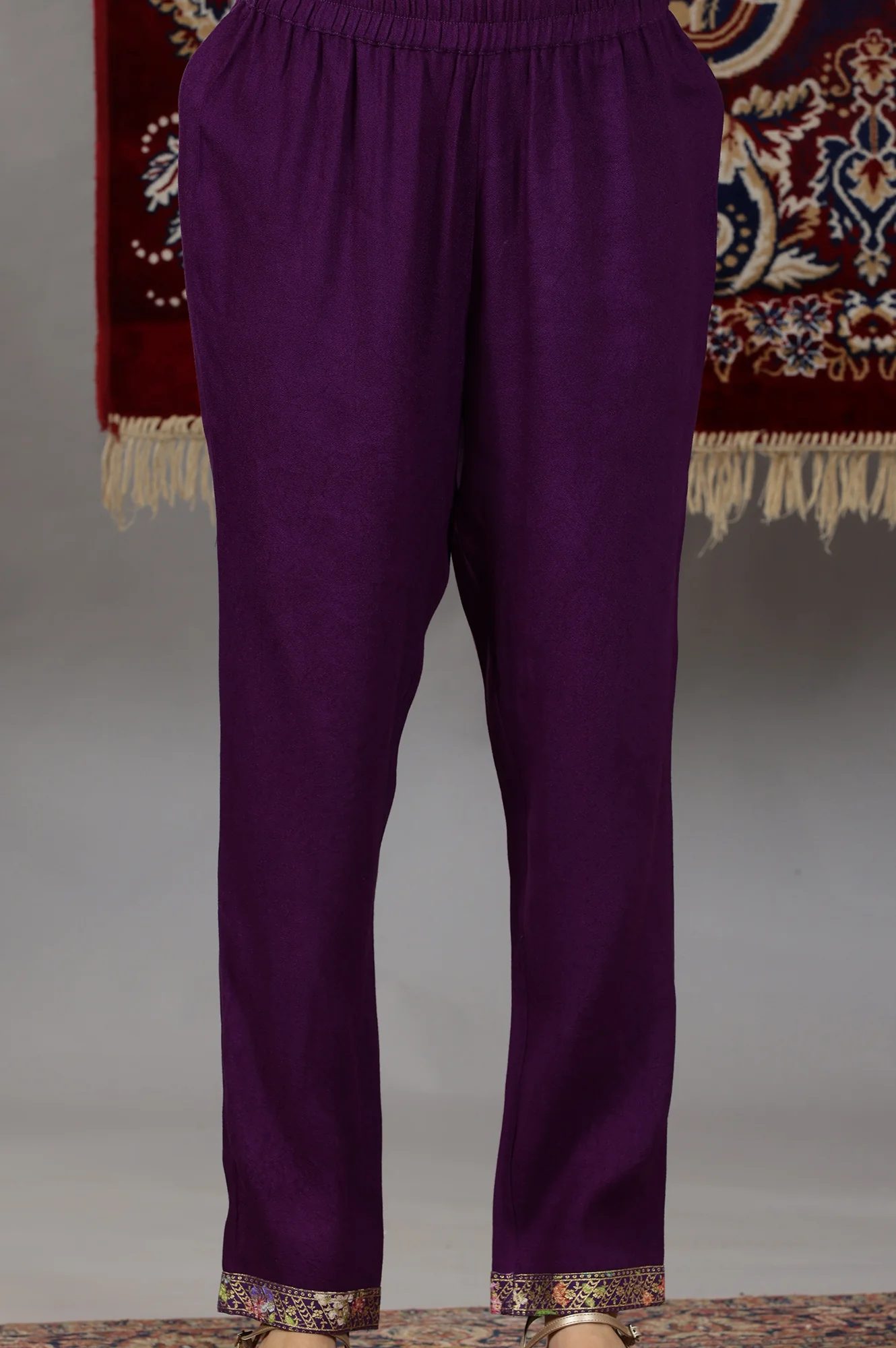 Purple Floral Printed Straight Kurta and Palazzos Set with Dupatta - Image 8