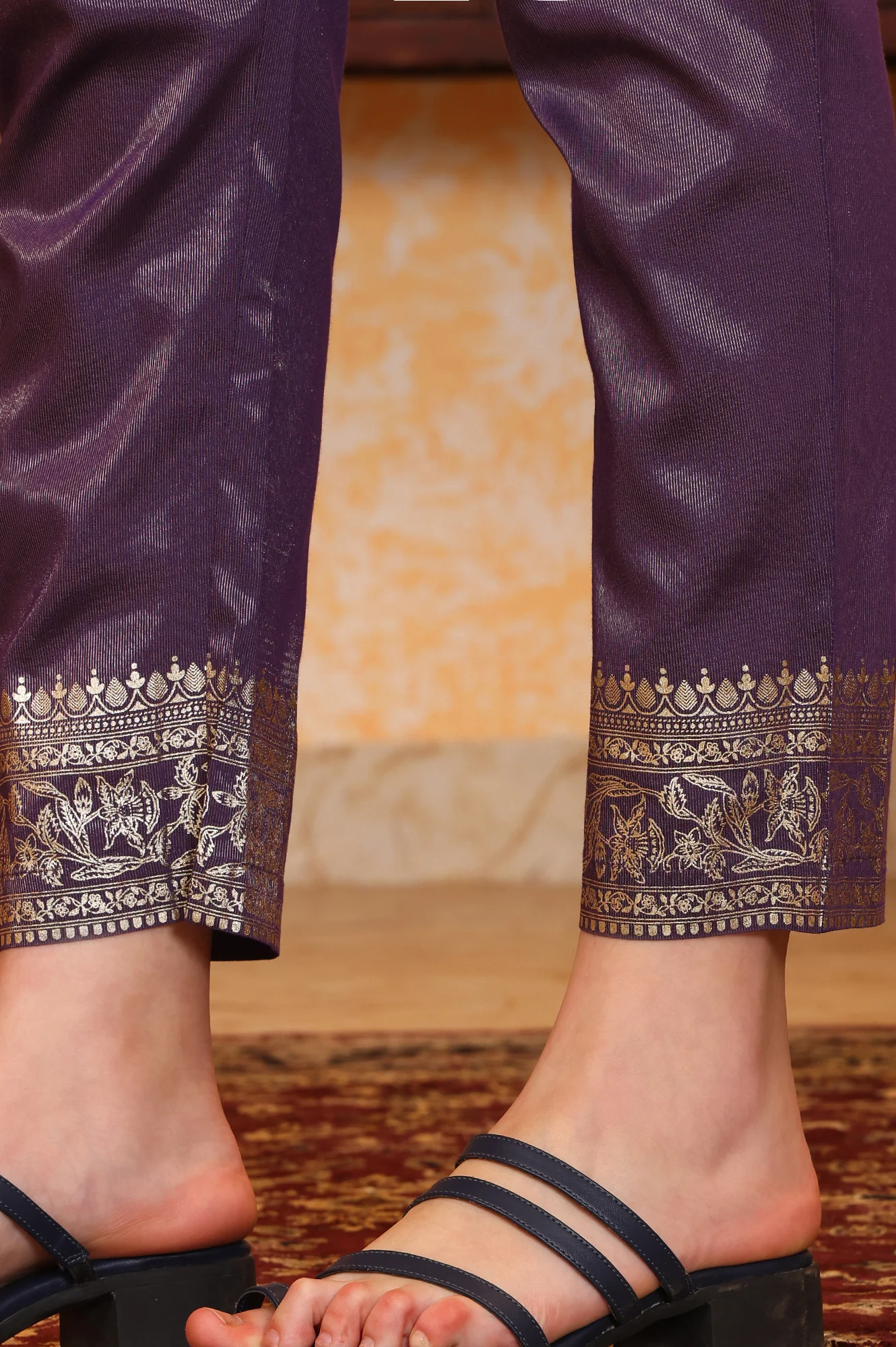 Purple Foil Printed Embroidered Neck Festive Kurta, Trousrers and Dupatta Set - Image 9