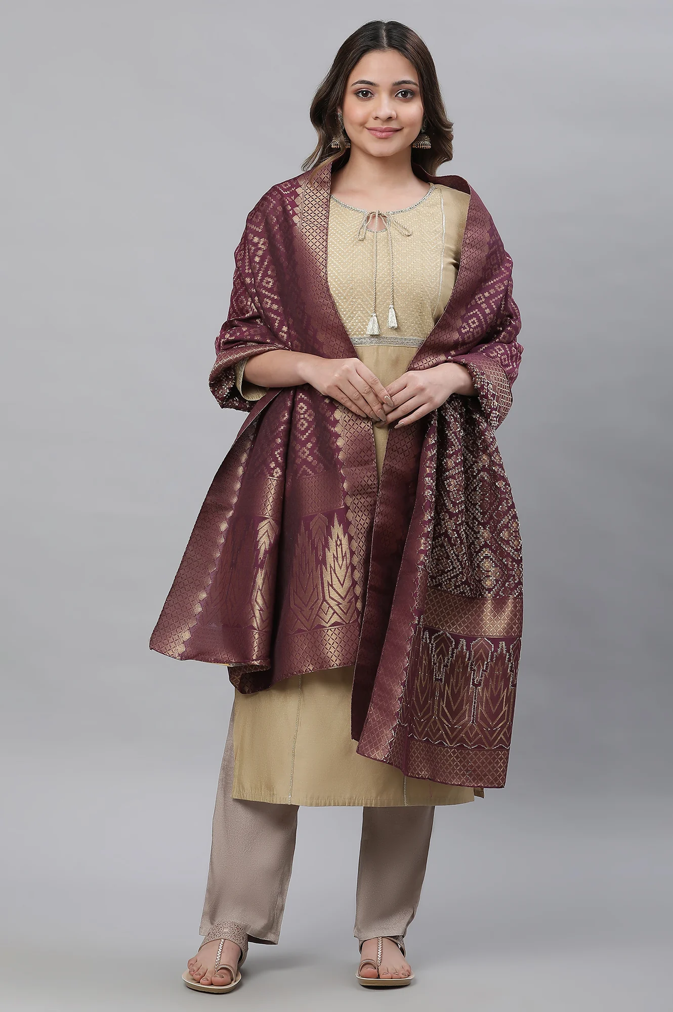 Purple Geometric Jacquard Woven Dupatta - Image 2