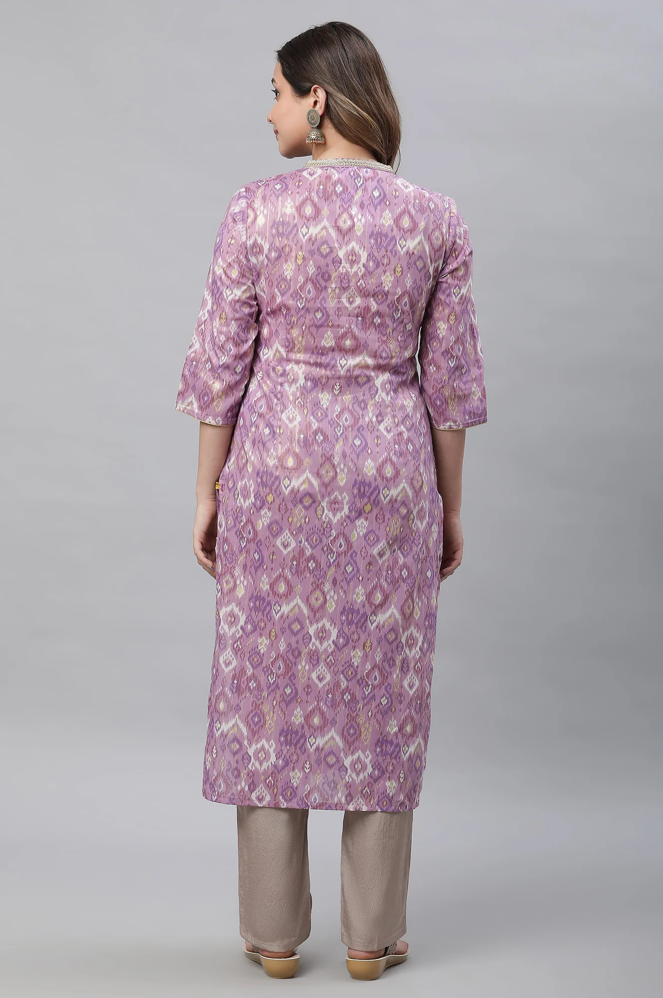 Purple Ikkat Printed Straight Festive Kurta - Image 3