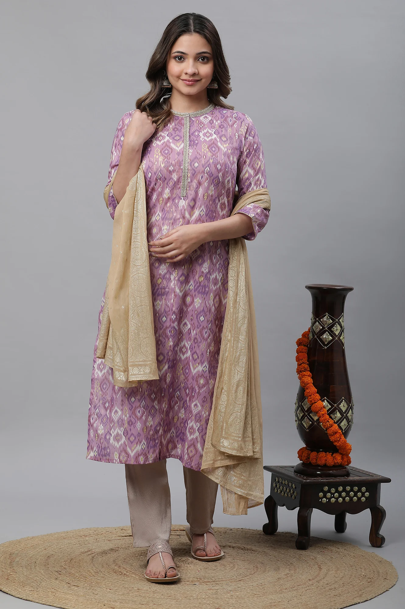 Purple Ikkat Printed Straight Festive Kurta - Image 5