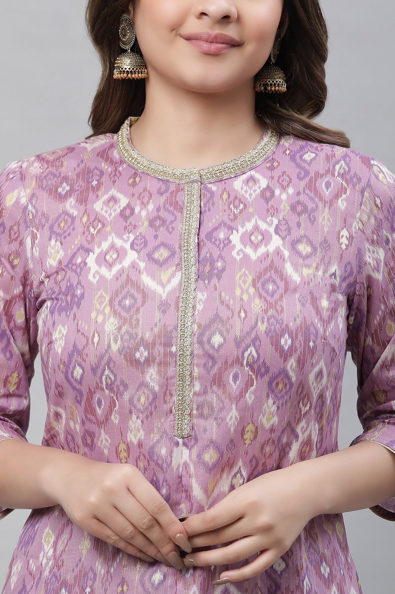 Purple Ikkat Printed Straight Festive Kurta - Image 6