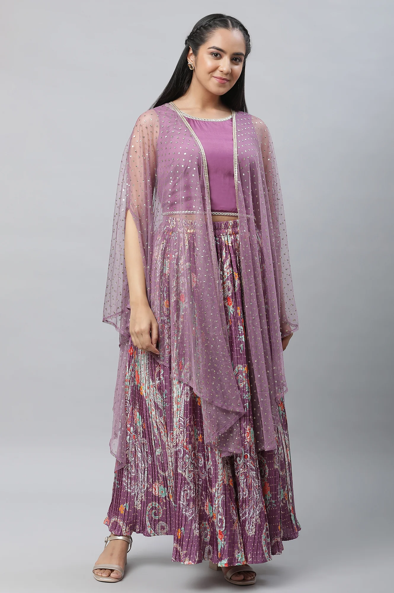 Purple Net Embellished Gilet, Crop Top and Pleated Skirt Set - Image 3