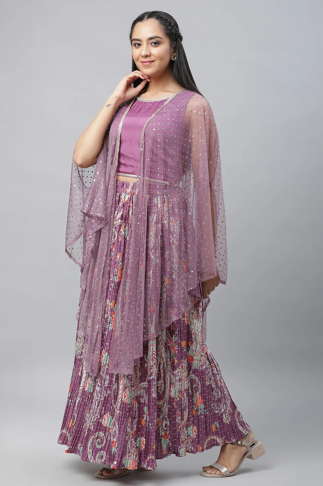 Purple Net Embellished Gilet, Crop Top and Pleated Skirt Set - Image 4