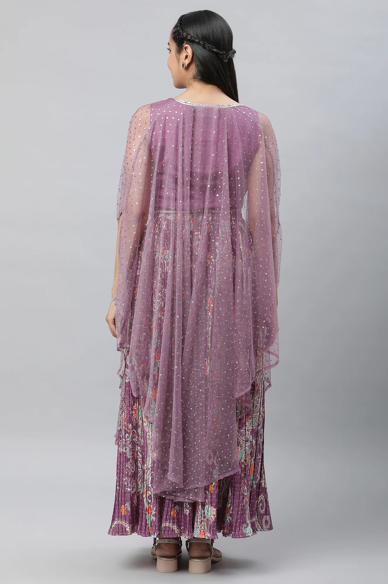 Purple Net Embellished Gilet, Crop Top and Pleated Skirt Set - Image 5