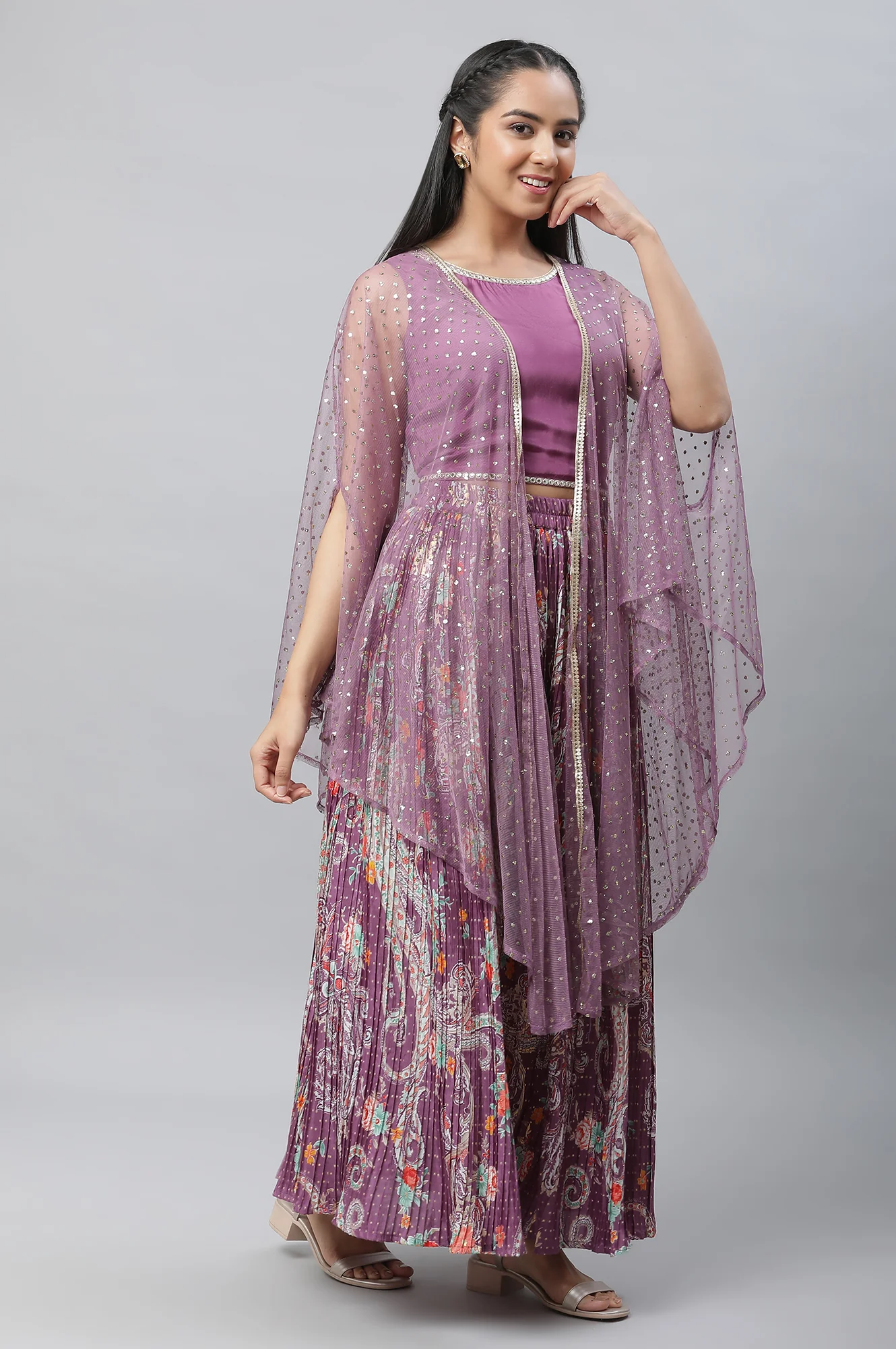 Purple Net Embellished Gilet, Crop Top and Pleated Skirt Set - Image 6