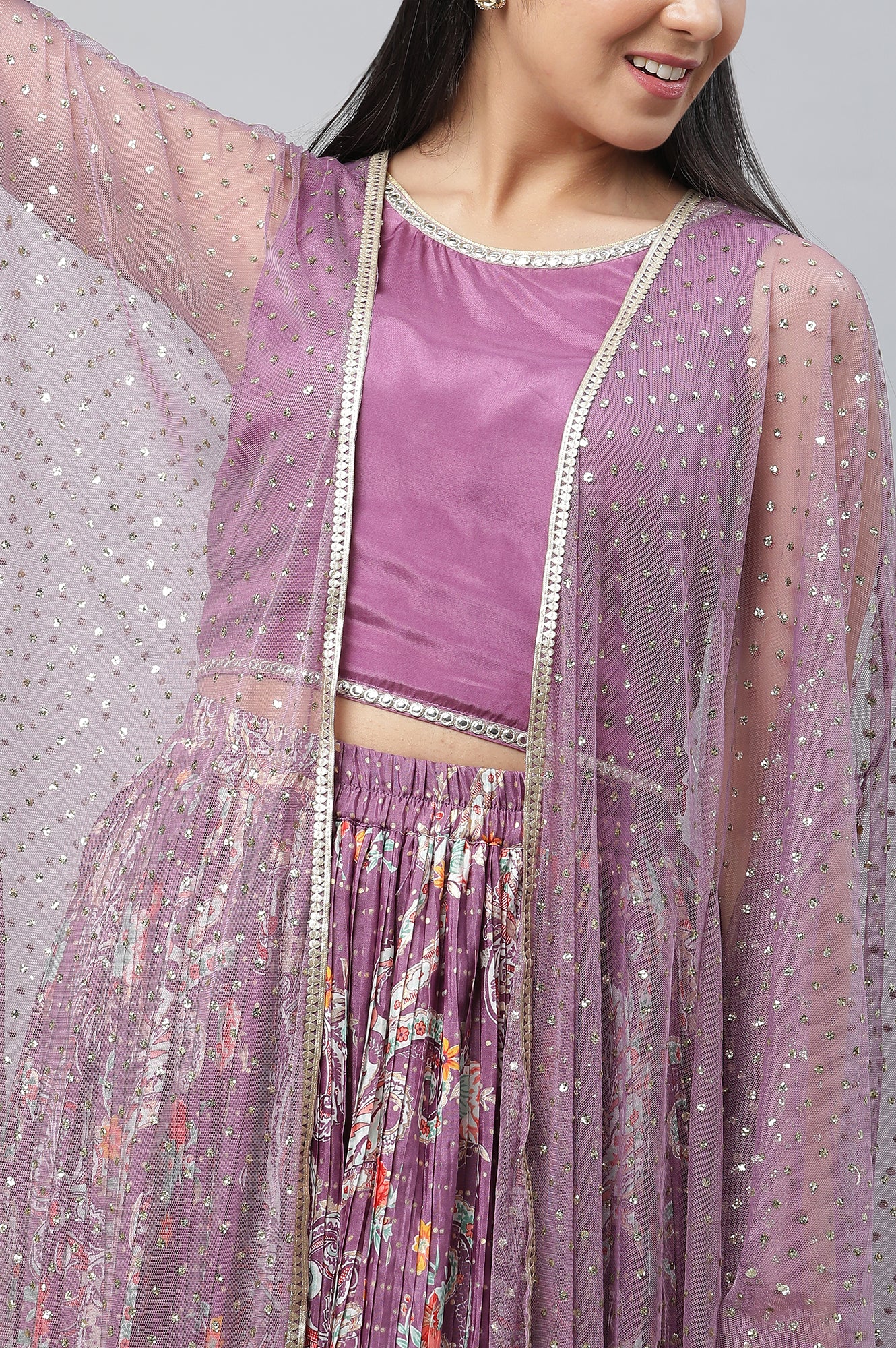 Purple Net Embellished Gilet, Crop Top and Pleated Skirt Set - Image 7