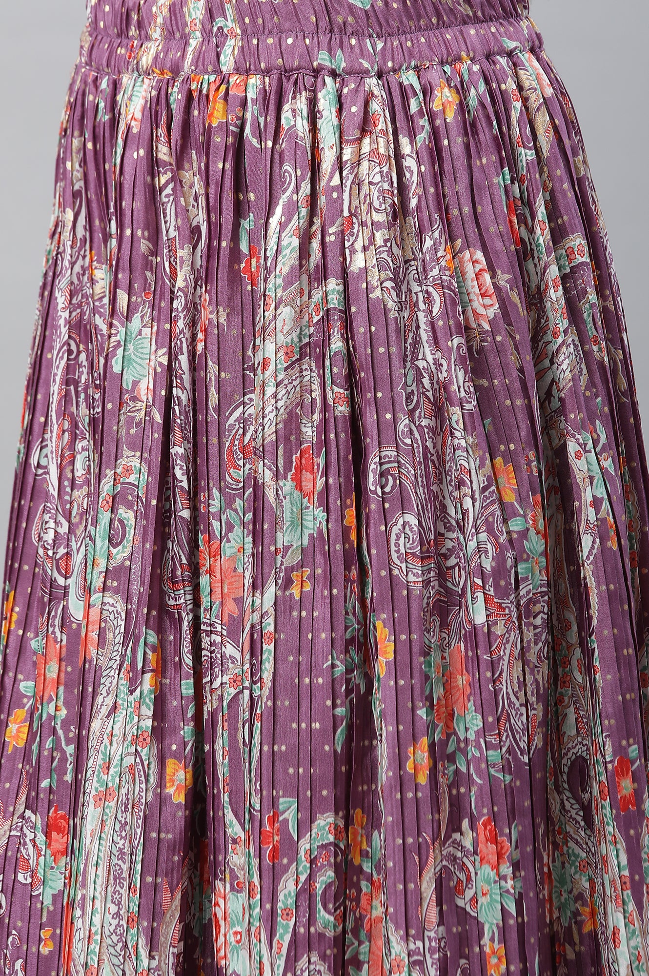 Purple Net Embellished Gilet, Crop Top and Pleated Skirt Set - Image 9