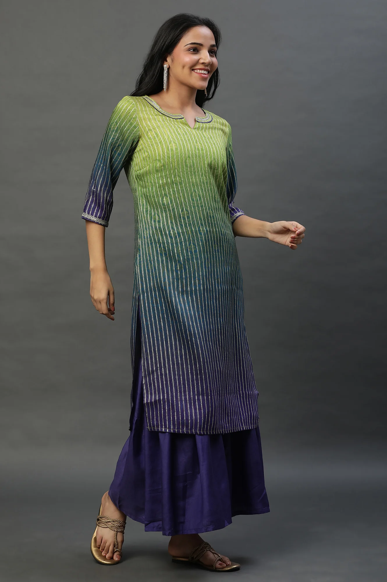 Purple Ombre Festive Short Kurta, Sharara and Dupatta Set - Image 4
