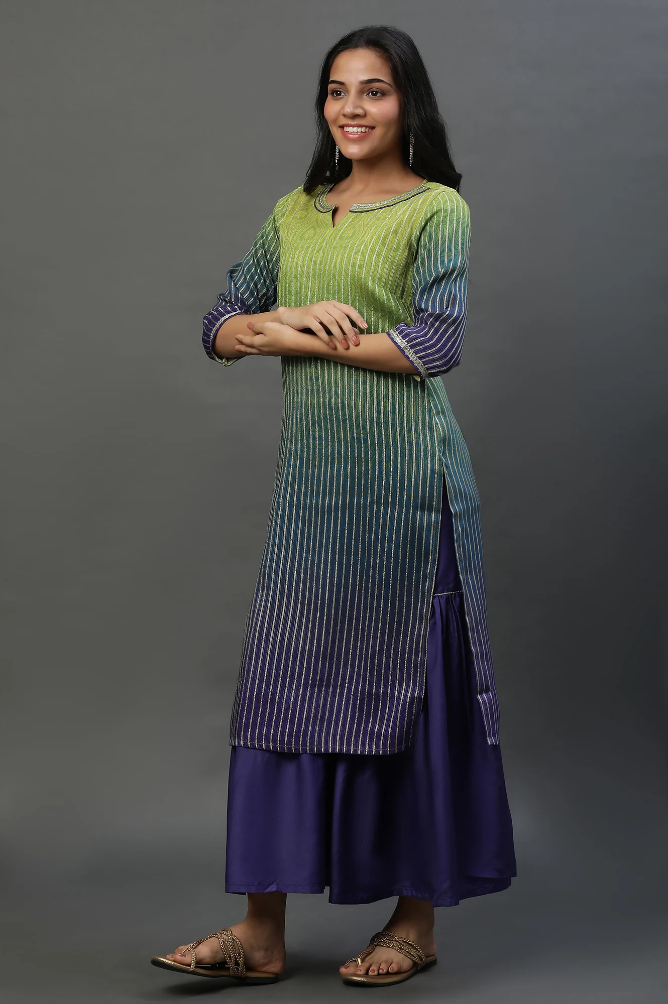 Purple Ombre Festive Short Kurta, Sharara and Dupatta Set - Image 6