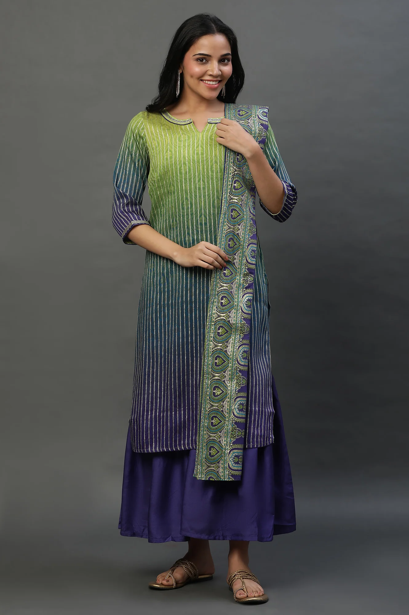 Purple Ombre Festive Short Kurta, Sharara and Dupatta Set - Image 2