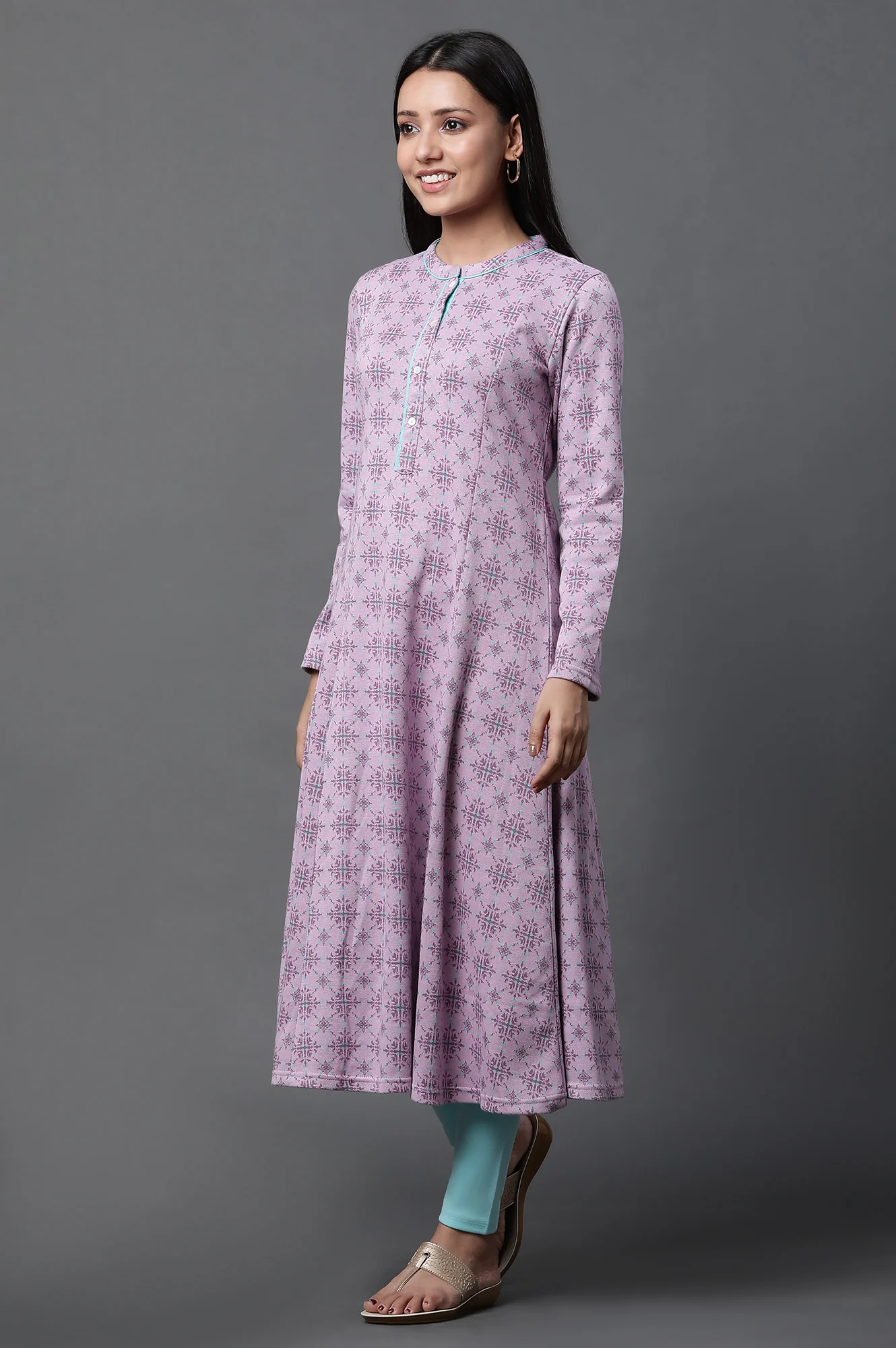 Purple Printed A-line Kurta and Tights Winter Set - Image 3