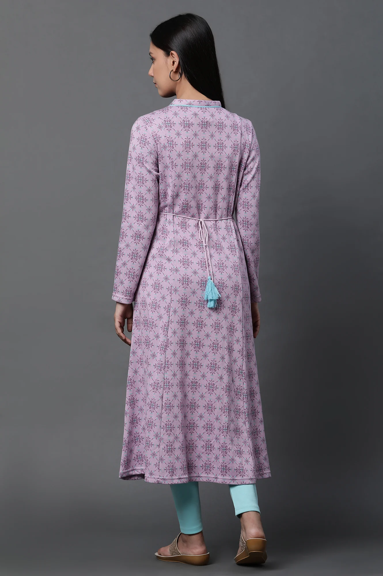 Purple Printed A-line Kurta and Tights Winter Set - Image 4