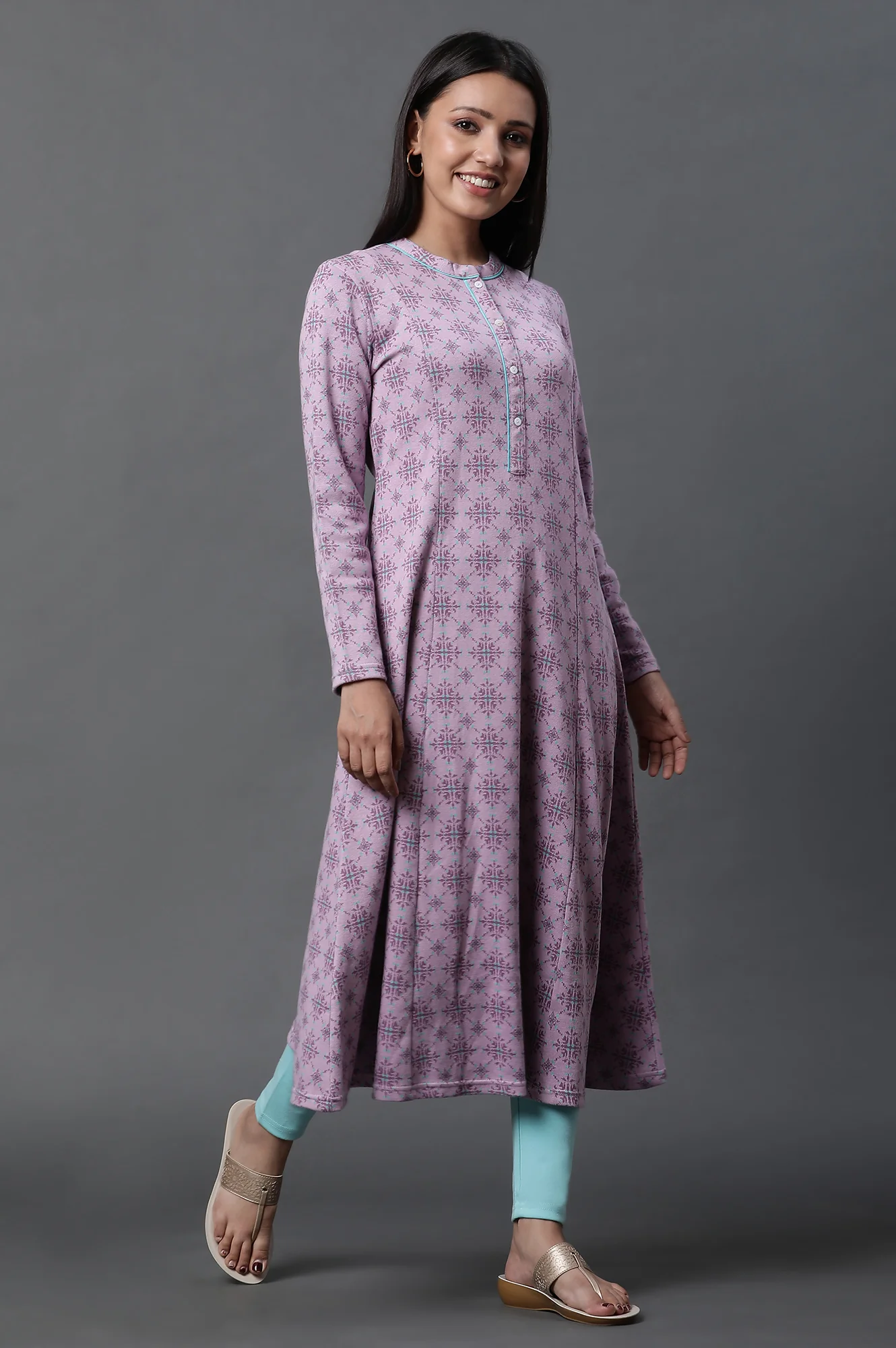 Purple Printed A-line Kurta and Tights Winter Set - Image 5