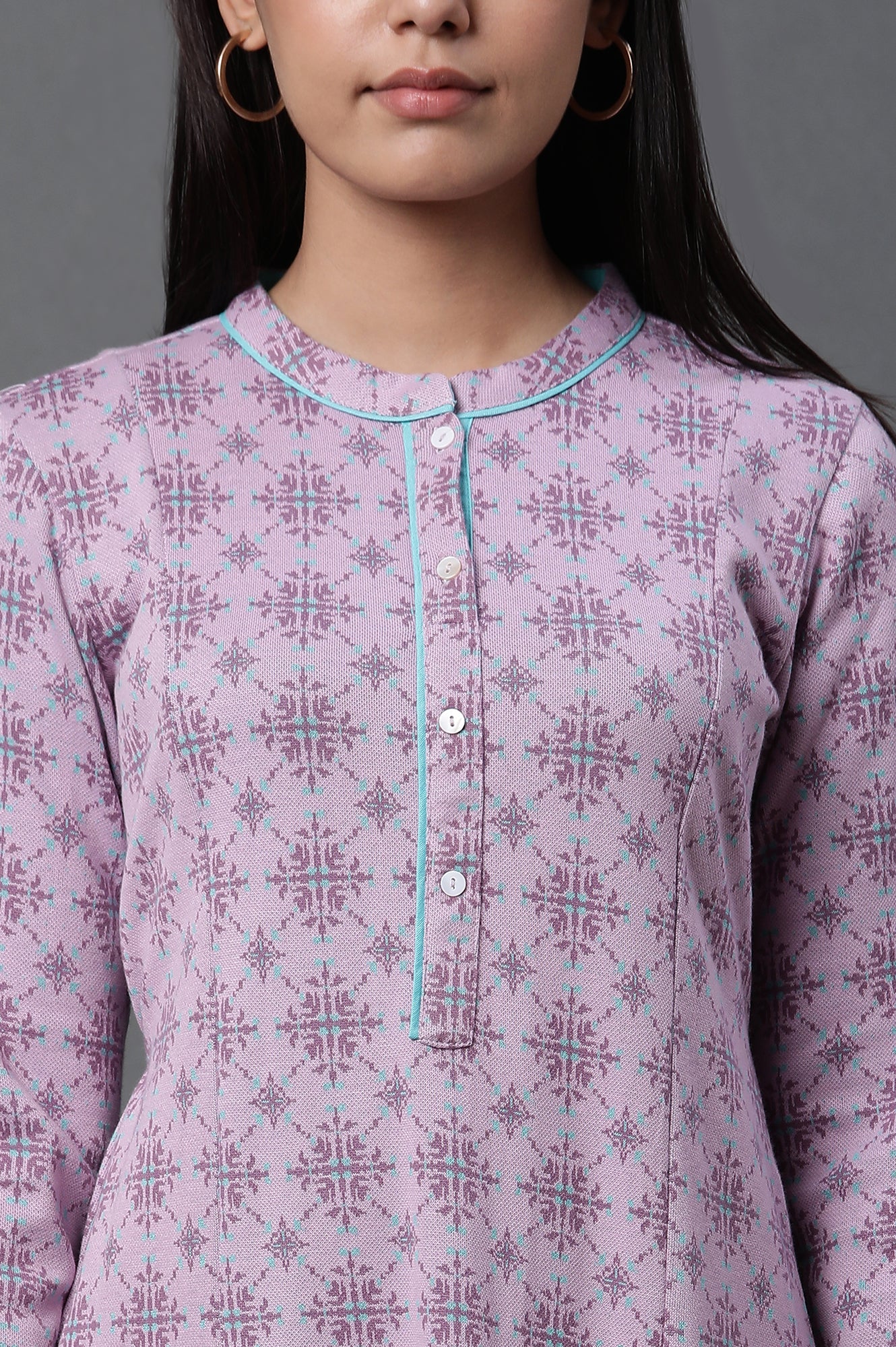 Purple Printed A-line Kurta and Tights Winter Set - Image 6