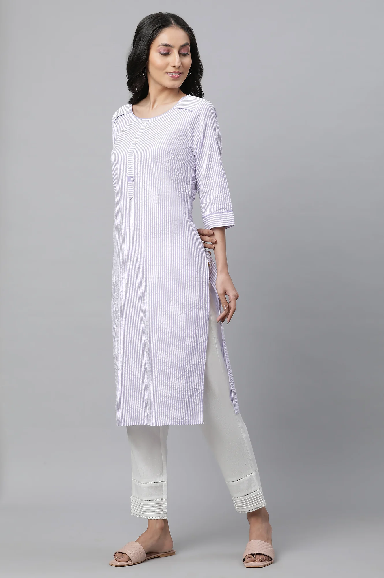 Purple Stripe Textured Cotton Kurta - Image 3
