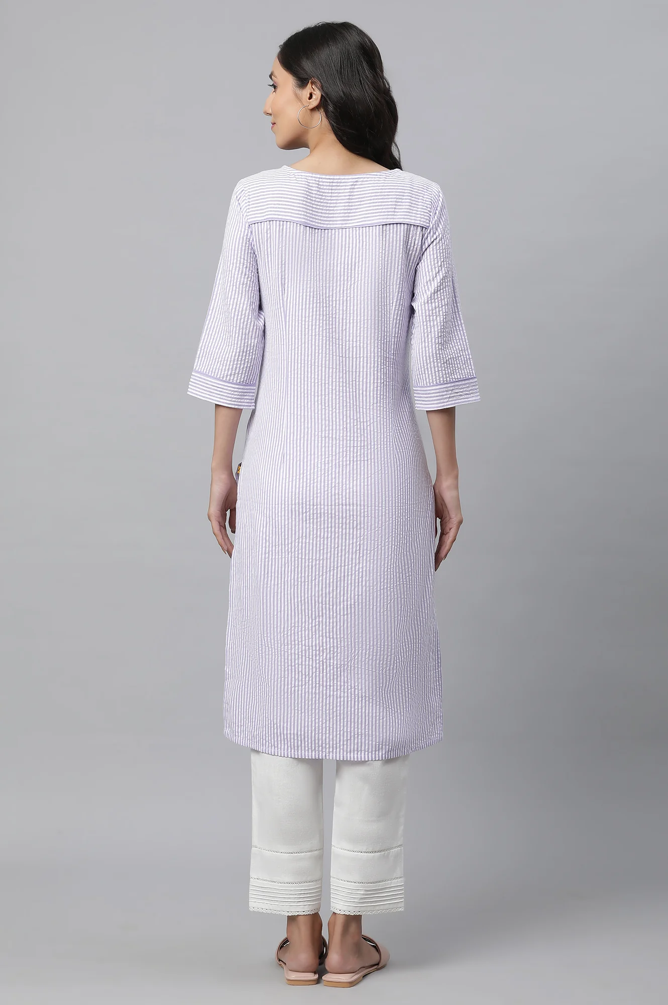 Purple Stripe Textured Cotton Kurta - Image 4