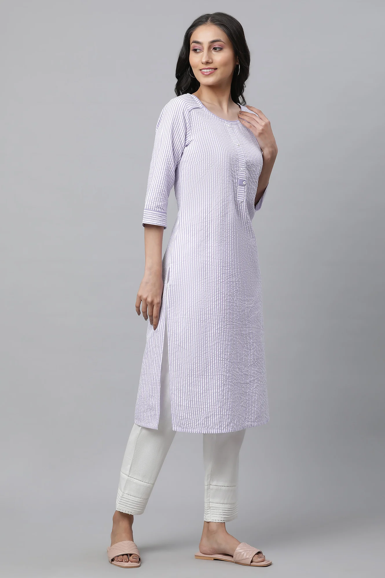 Purple Stripe Textured Cotton Kurta - Image 5