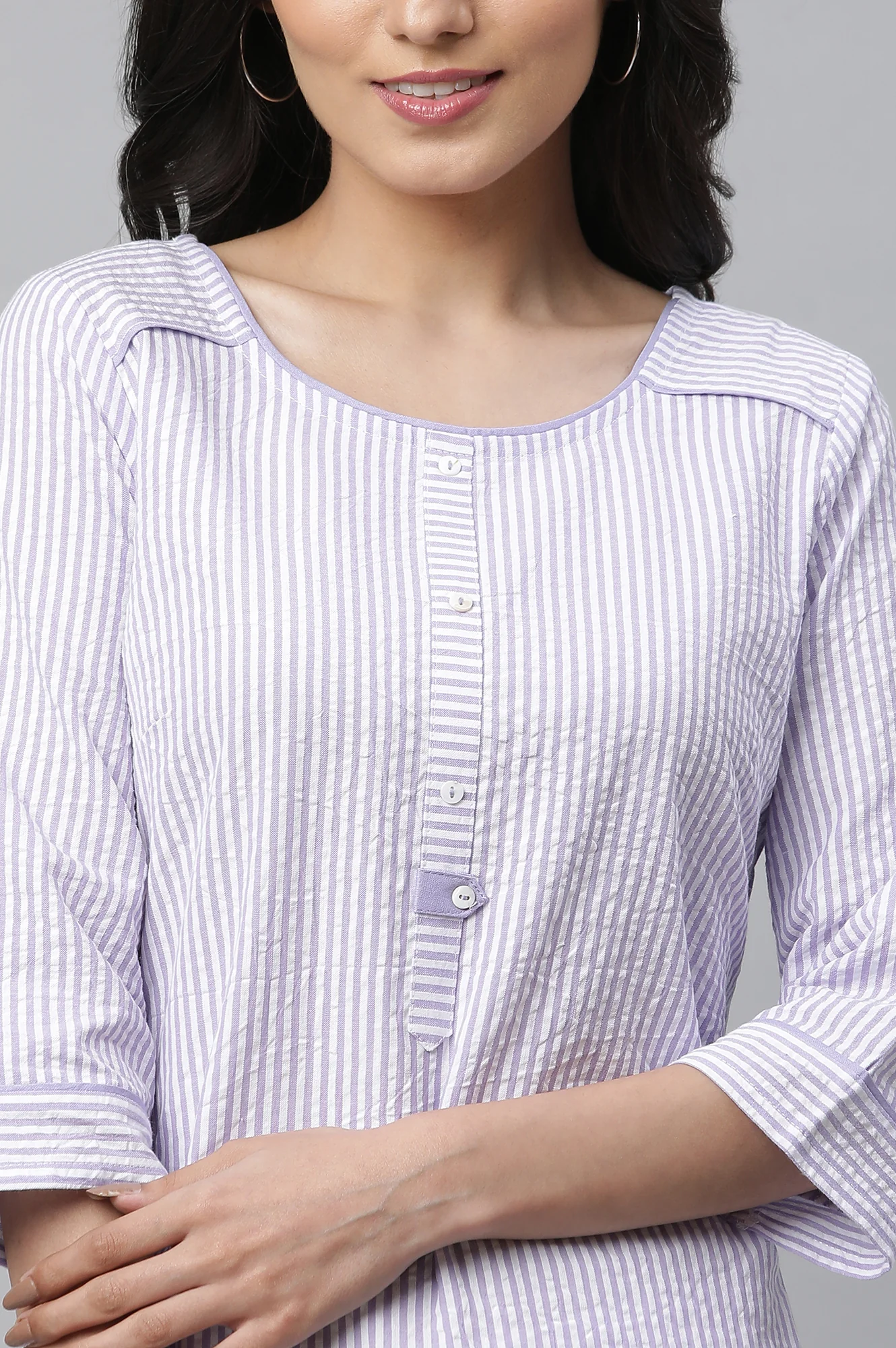 Purple Stripe Textured Cotton Kurta - Image 6