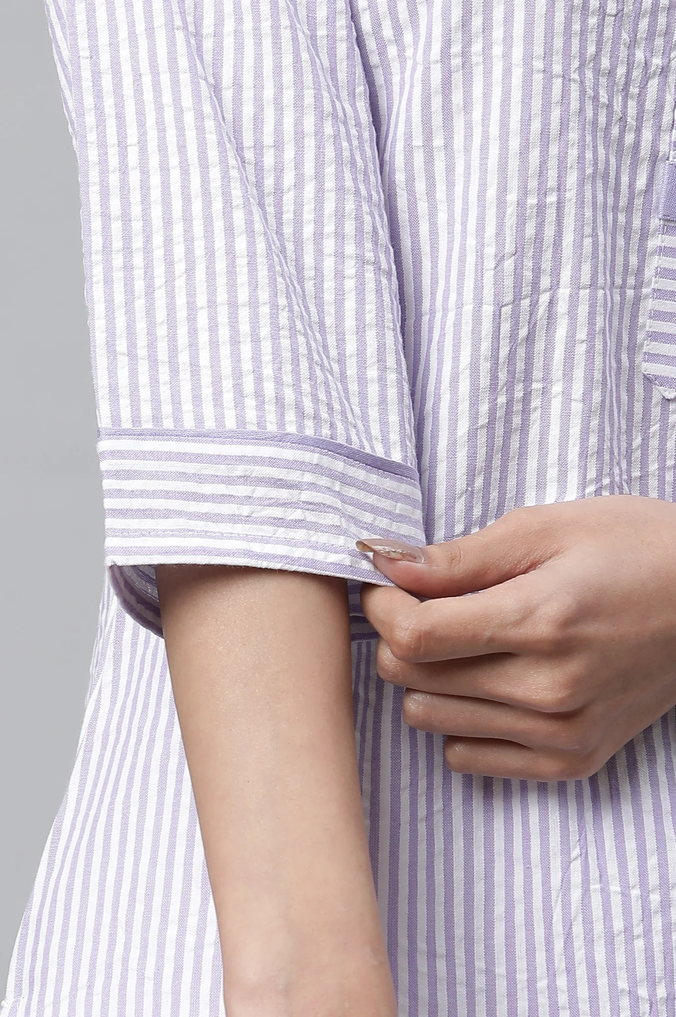 Purple Stripe Textured Cotton Kurta - Image 7