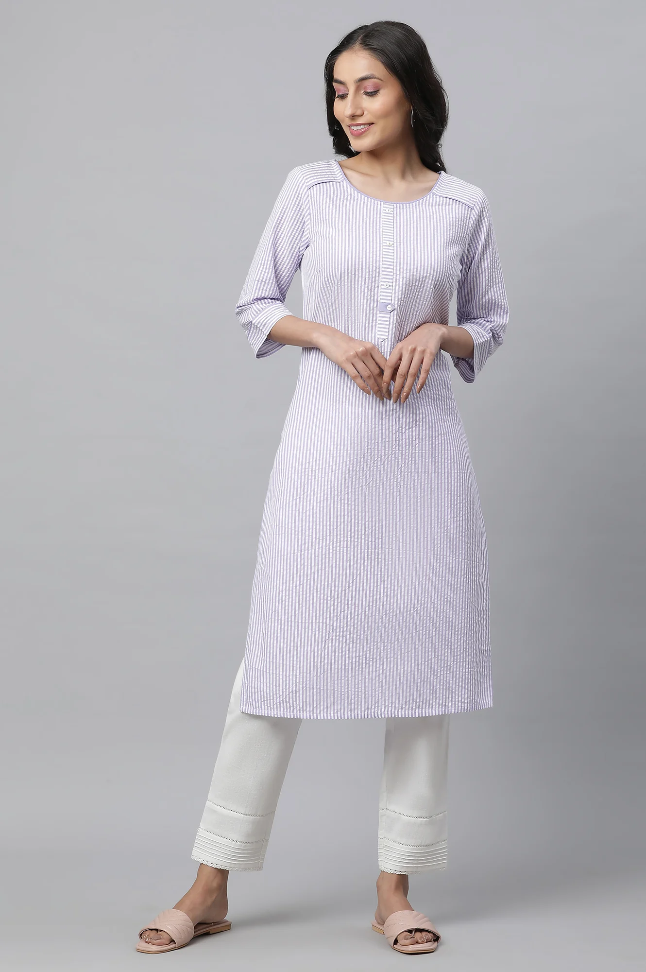 Purple Striped Straight Cotton Kurta - Image 2