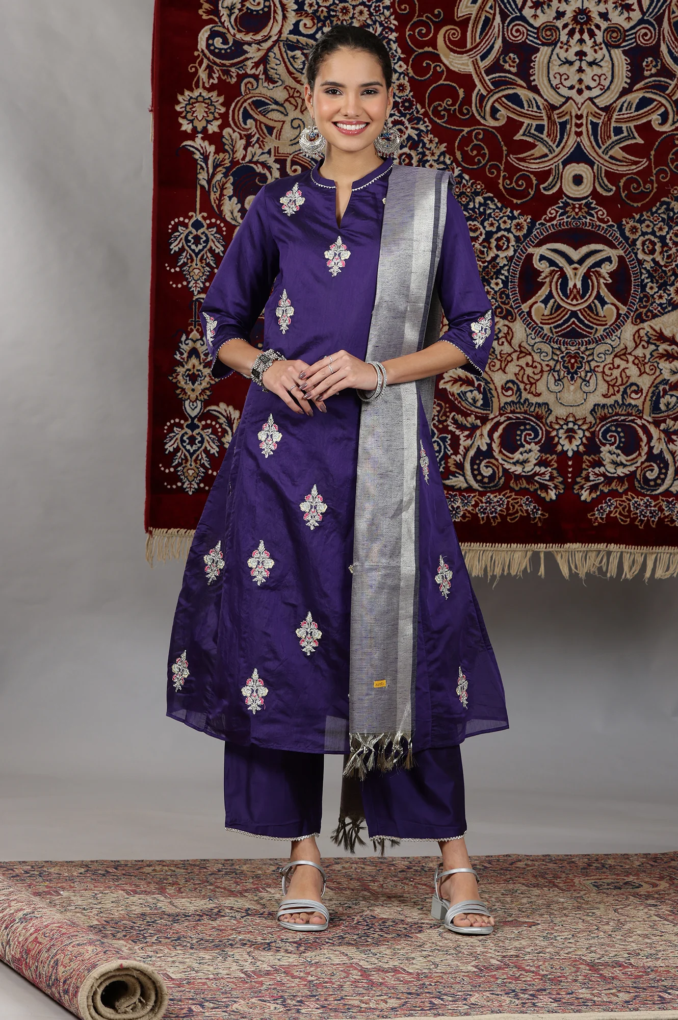 Purple Yarn Dyed Dori Embroidered Anarkali Kurta, Palazzo and Dupatta Set - Image 3