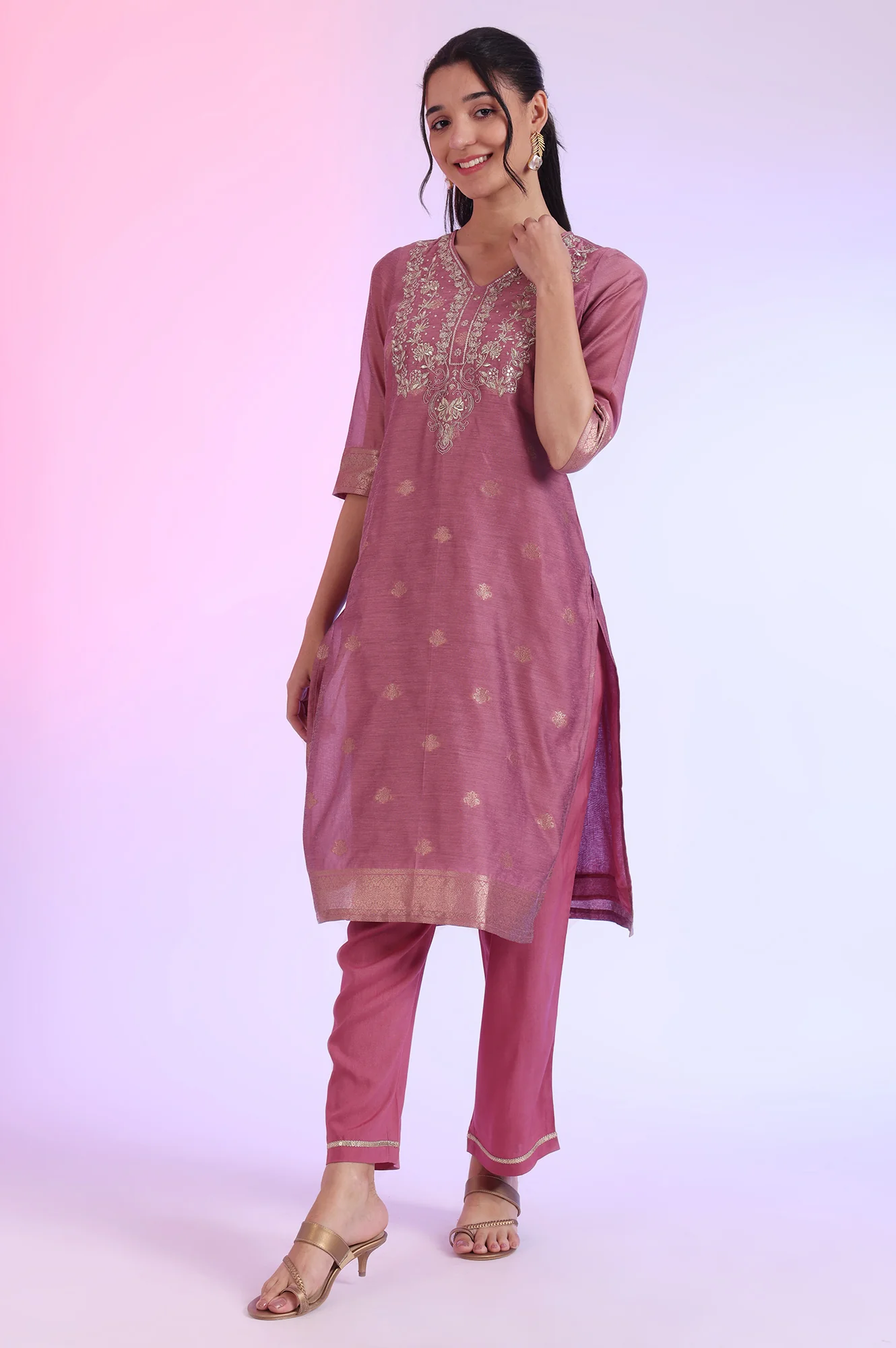 Purple Yarn Dyed Straight Kurta with Palazzos & Dupatta Set - Image 5
