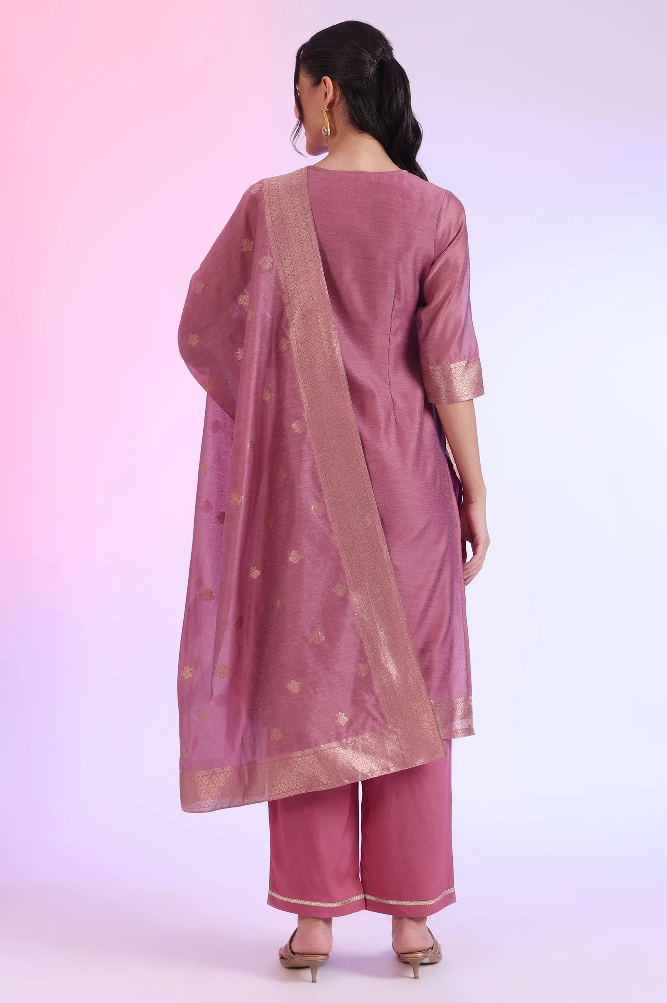 Purple Yarn Dyed Straight Kurta with Palazzos & Dupatta Set - Image 6