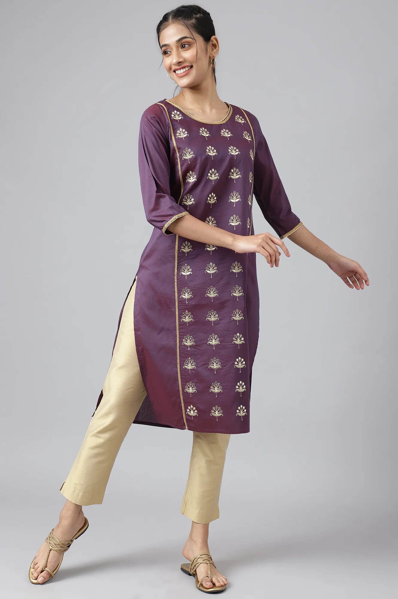 Purple Zari Embroidered Ethnic Liva Kurta - Image 5