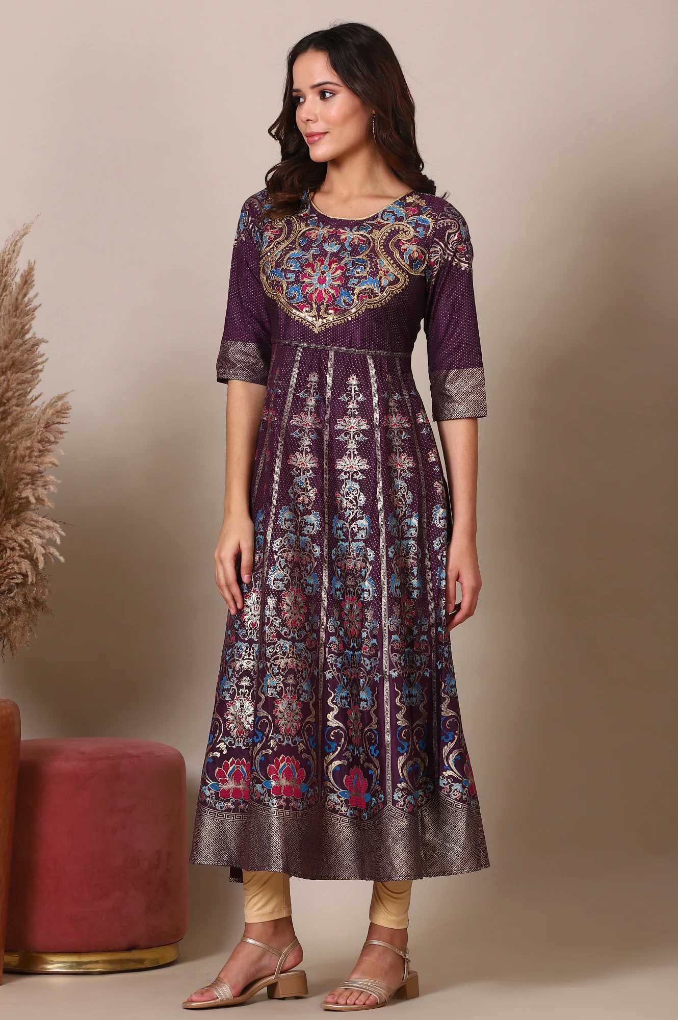 Purple Zari Embroidered Flared Dress and Tigts Set with Chocker Dupatta Set - Image 4
