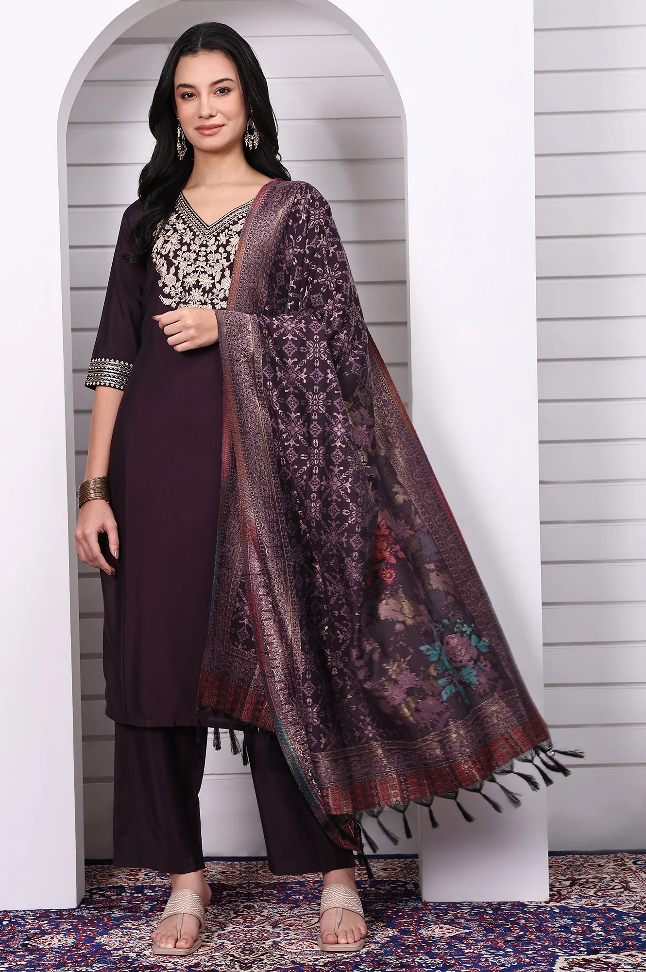 Purple Zari Embroidered Rayon Straight Kurta, Palazzo and Dupatta Set - Image 2