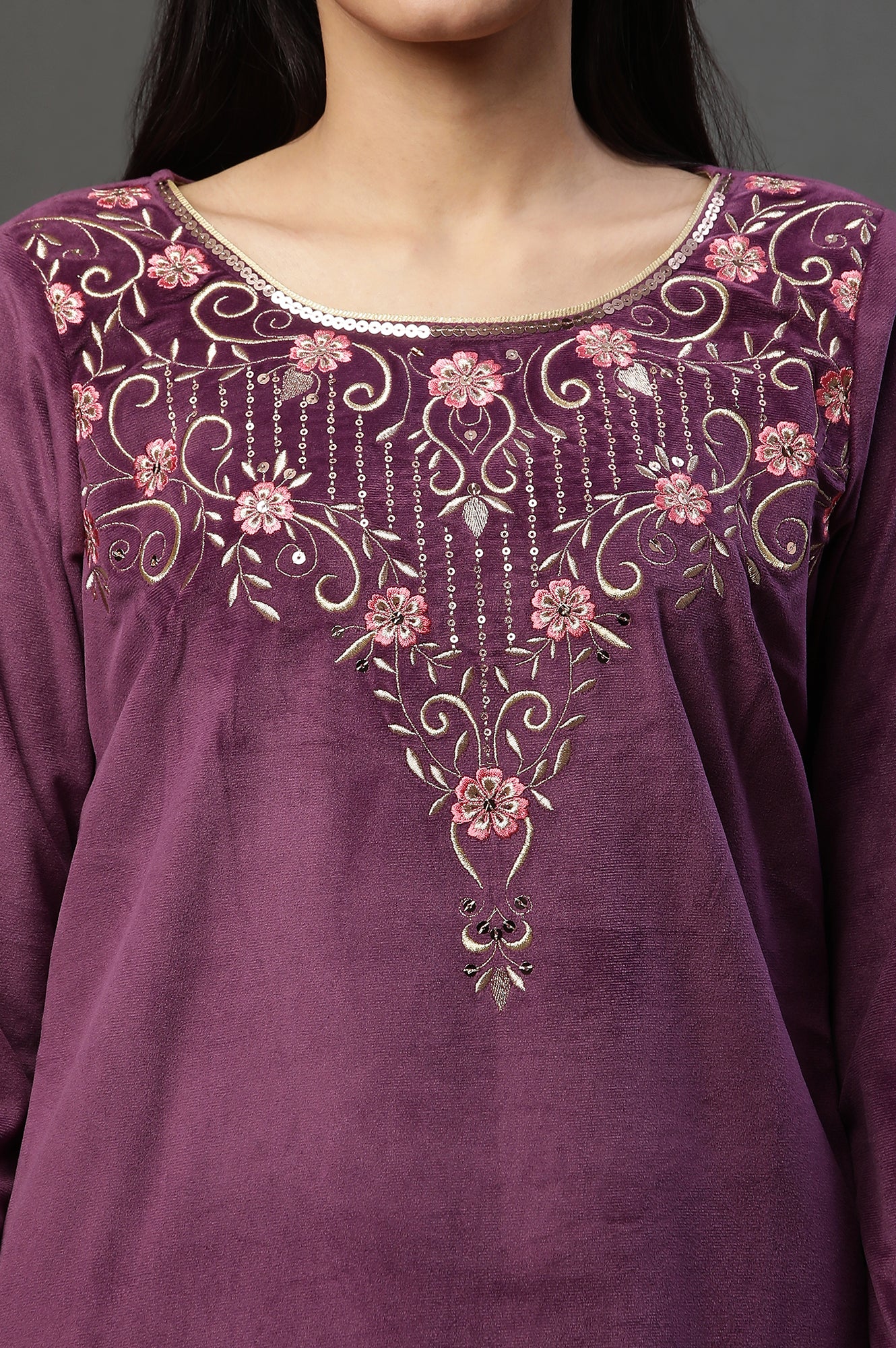 Purple Zari Embroidered Velvet Kurta and Pants Set - Image 6
