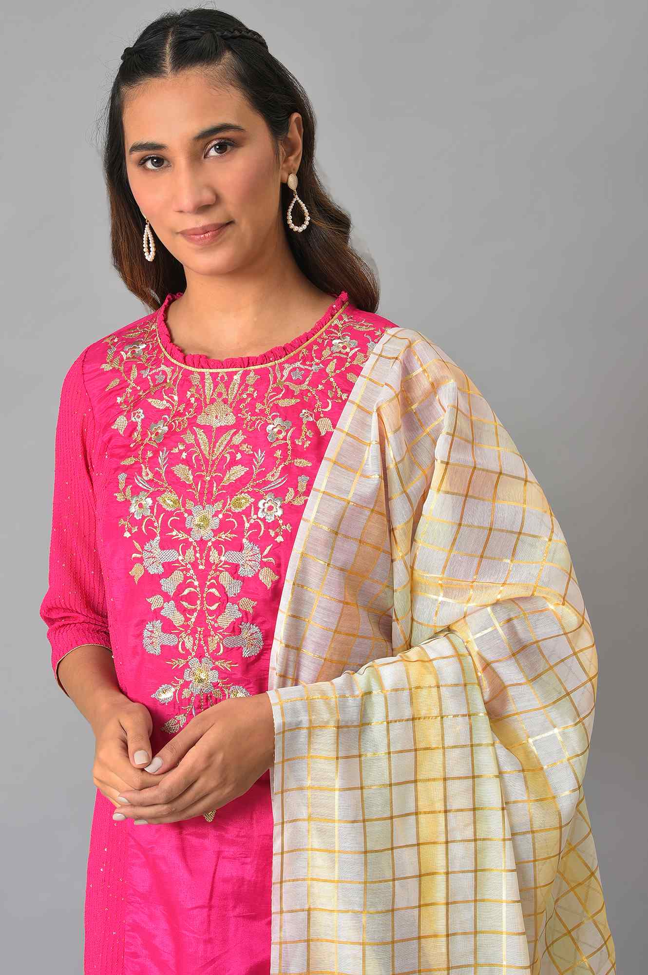 Rani Pink Embroidered Kurta With Palazzos And Dupatta - Image 5