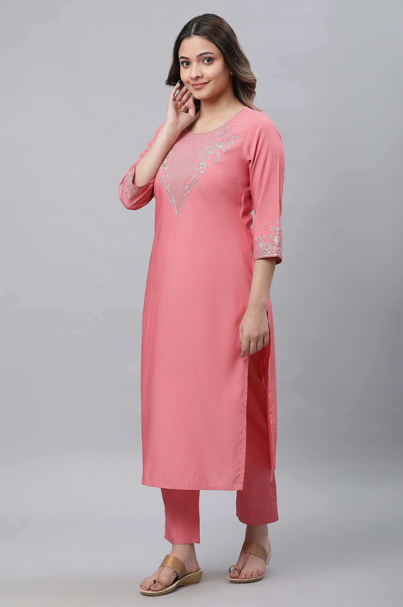 Raspberry Pink Embroidered Kurta, Palazzo & Dupatta Set - Image 3