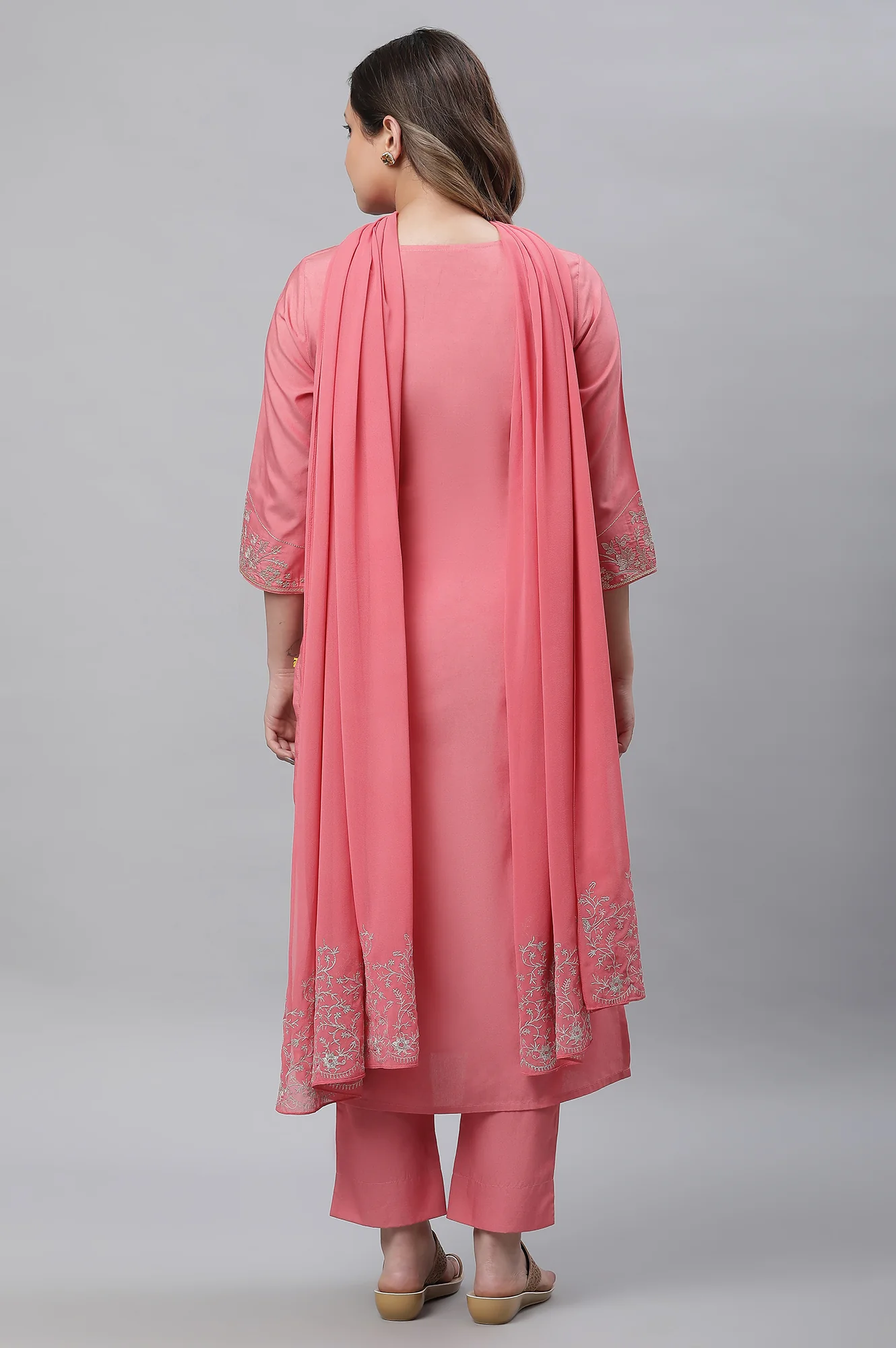 Raspberry Pink Embroidered Kurta, Palazzo & Dupatta Set - Image 4