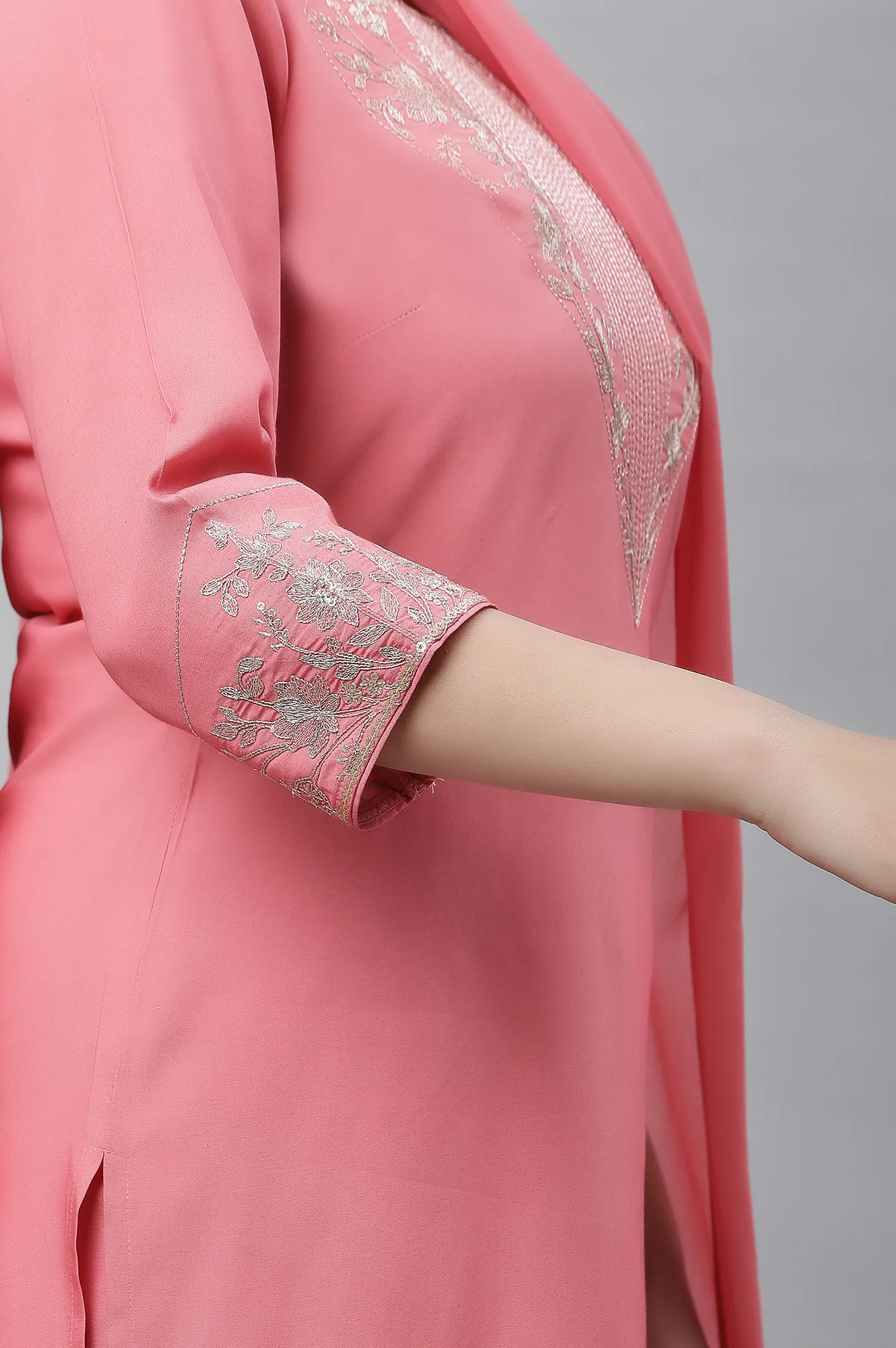 Raspberry Pink Embroidered Kurta, Palazzo & Dupatta Set - Image 7