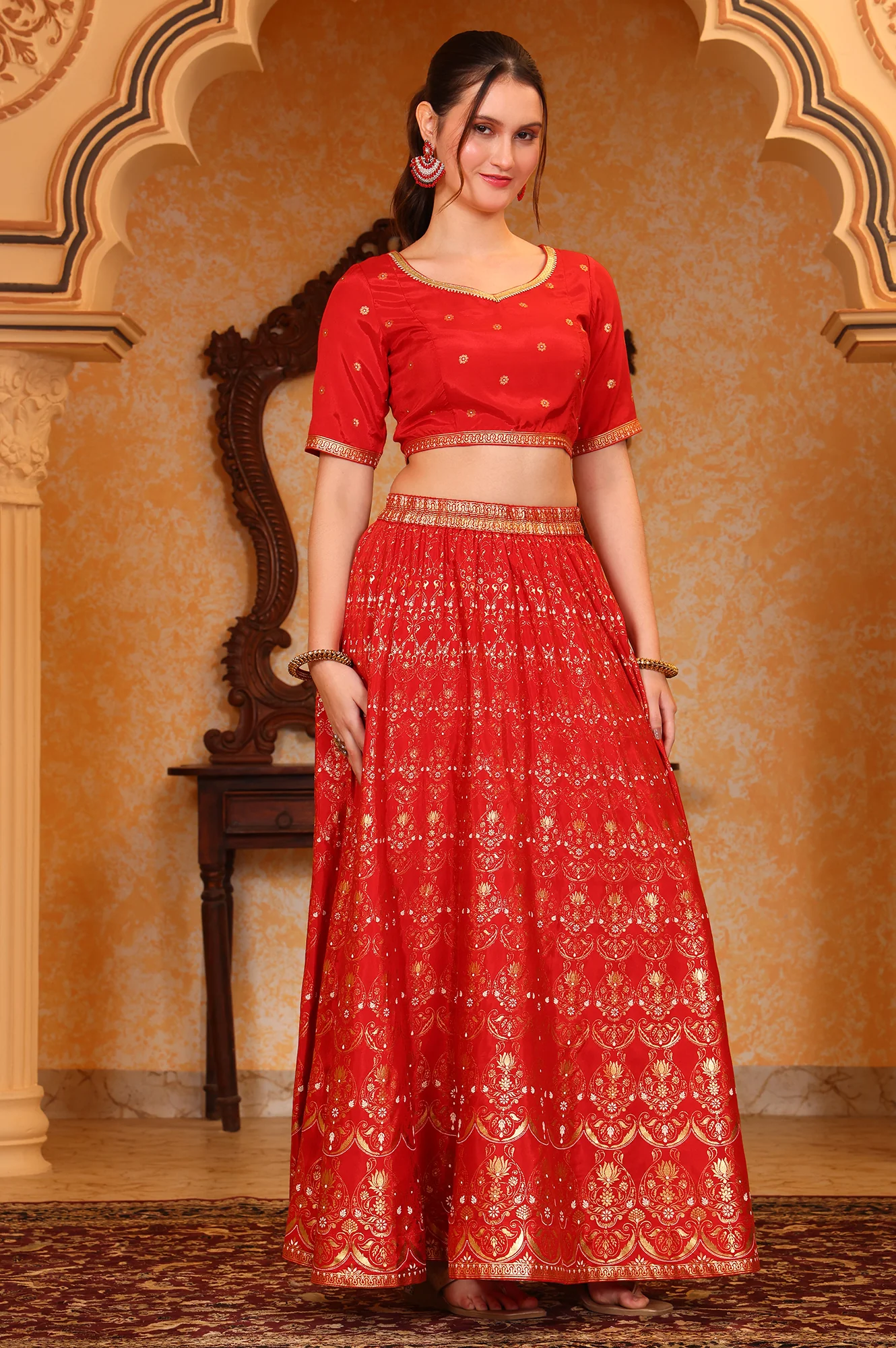 Red Abstract Printed Straight Crop Top and Skirt Set - Image 8