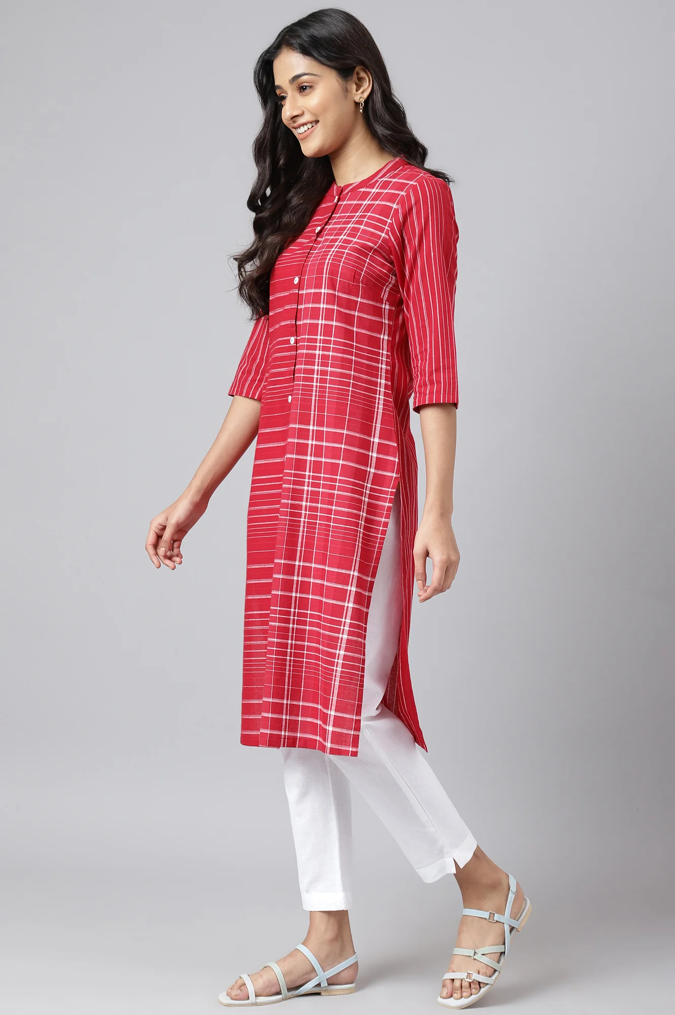 Red Asymmetric Placement Kurta - Image 3