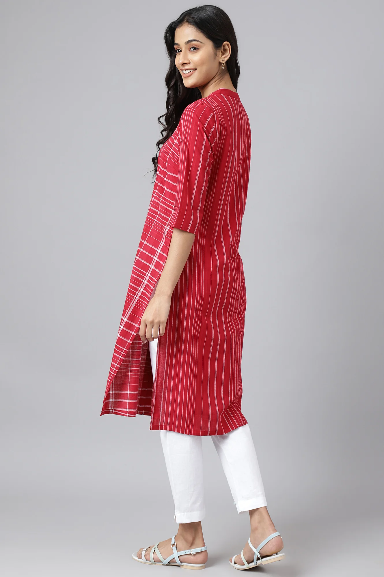 Red Asymmetric Placement Kurta - Image 4